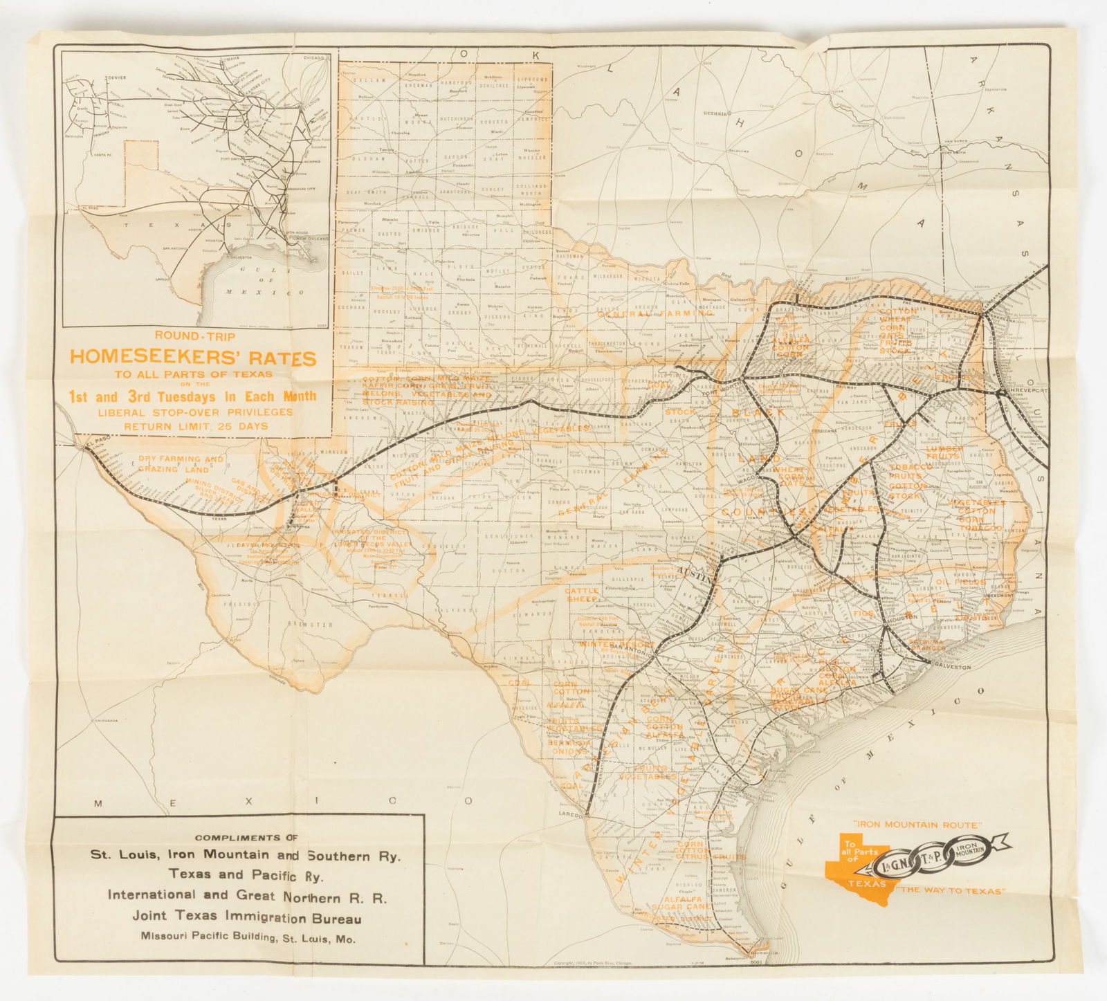 TEXAS SETTLERS' ADVERTISING RAILROAD MAP: TEXAS SETTLERS' ADVERTISING RAILROAD MAP, color lithograph, Round-Trip Homeseekers' Rates to All Parts of Texas..., Compliments of St. Louis, Iron Mountain and Southery Ry., Texas and Pacific