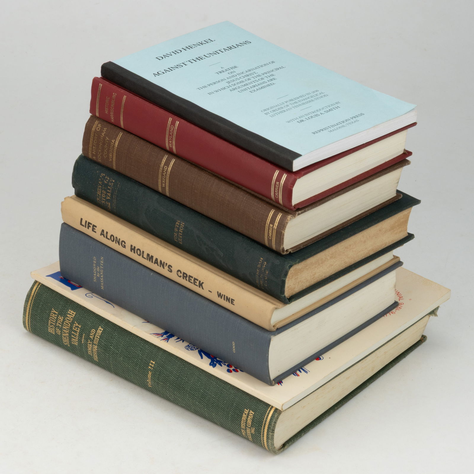 SHENANDOAH VALLEY OF VIRGINIA HISTORICAL VOLUMES, LOT OF EIGHT: SHENANDOAH VALLEY OF VIRGINIA HISTORICAL VOLUMES, LOT OF EIGHT, including (1) Wine, Life Along Homan's Creek, first edition, 1982; (2) Kercheval, A History of the Valley of Virginia