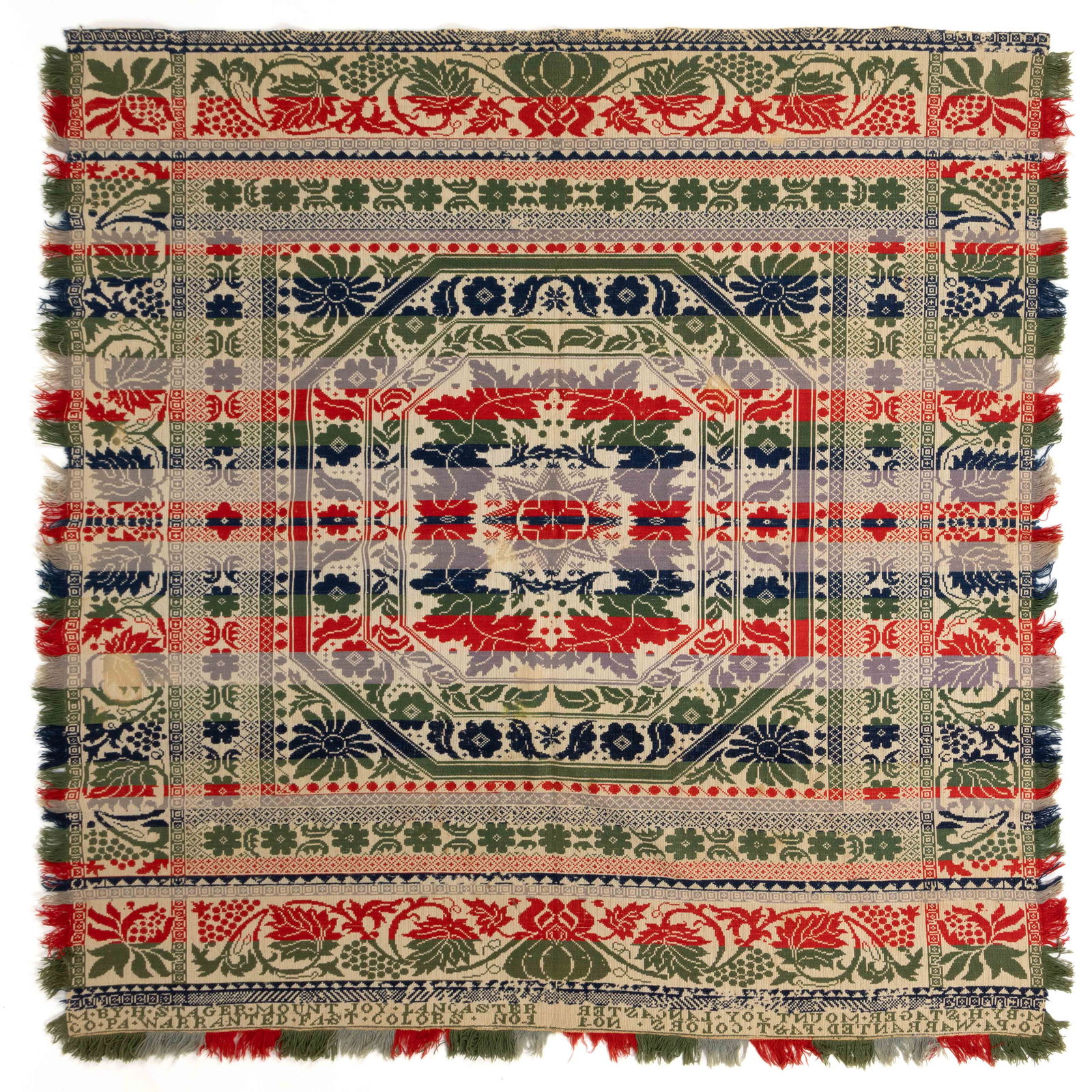 MOUNT JOY, PENNSYLVANIA SIGNED JACQUARD COVERLET: MOUNT JOY, PENNSYLVANIA SIGNED JACQUARD COVERLET, purple, green, bright red, and dark blue wool, and natural cotton, whole panel, center with eight-pointed star surrounded by floral and foliate motifs