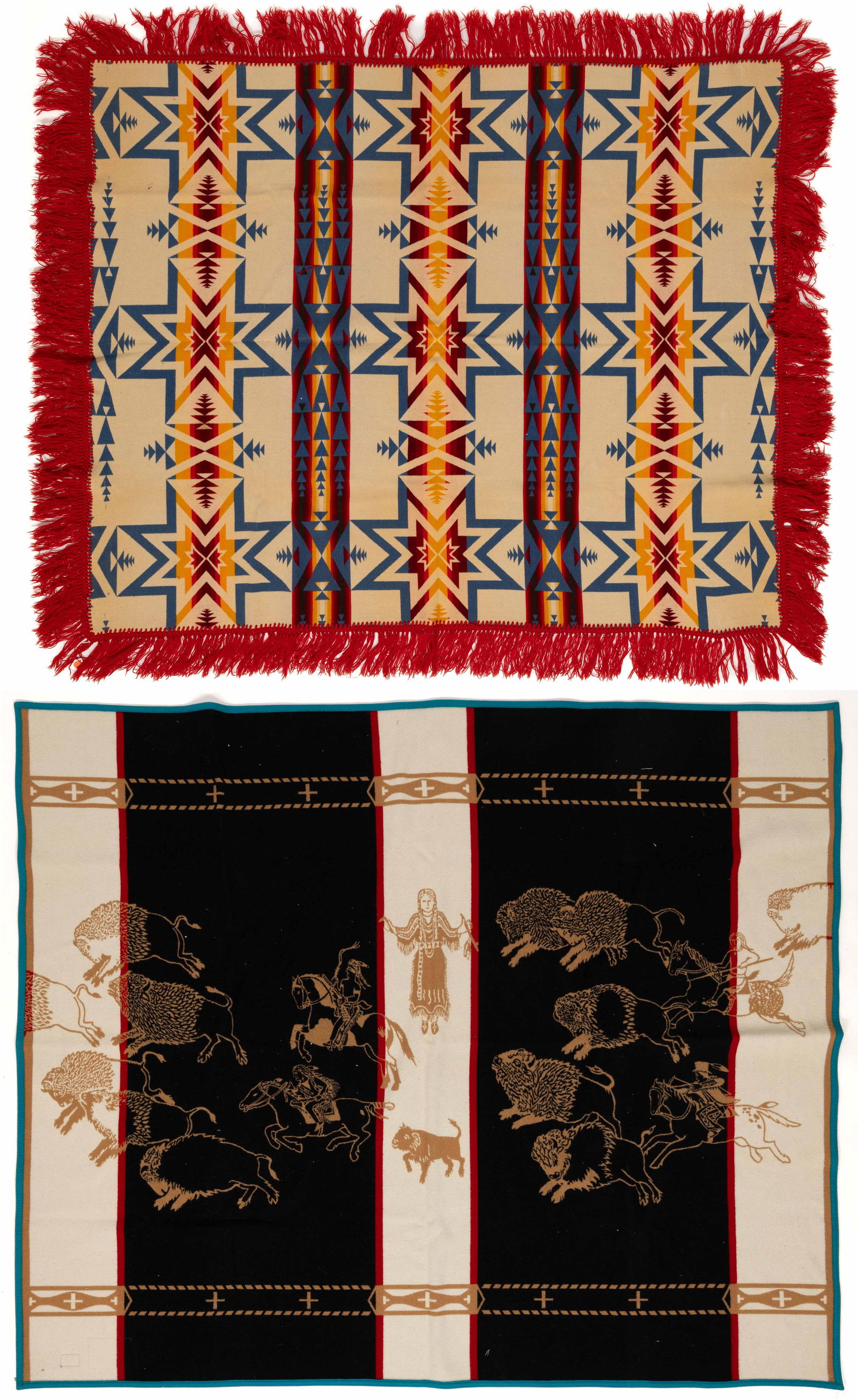 VINTAGE PENDLETON "WHITE BUFFALO CALF WOMAN" WOOL BLANKET: VINTAGE PENDLETON "WHITE BUFFALO CALF WOMAN" WOOL BLANKET, part of the Pendleton Legendary Blanket Collection that celebrates symbols and stories of Native American culture, pictorial design