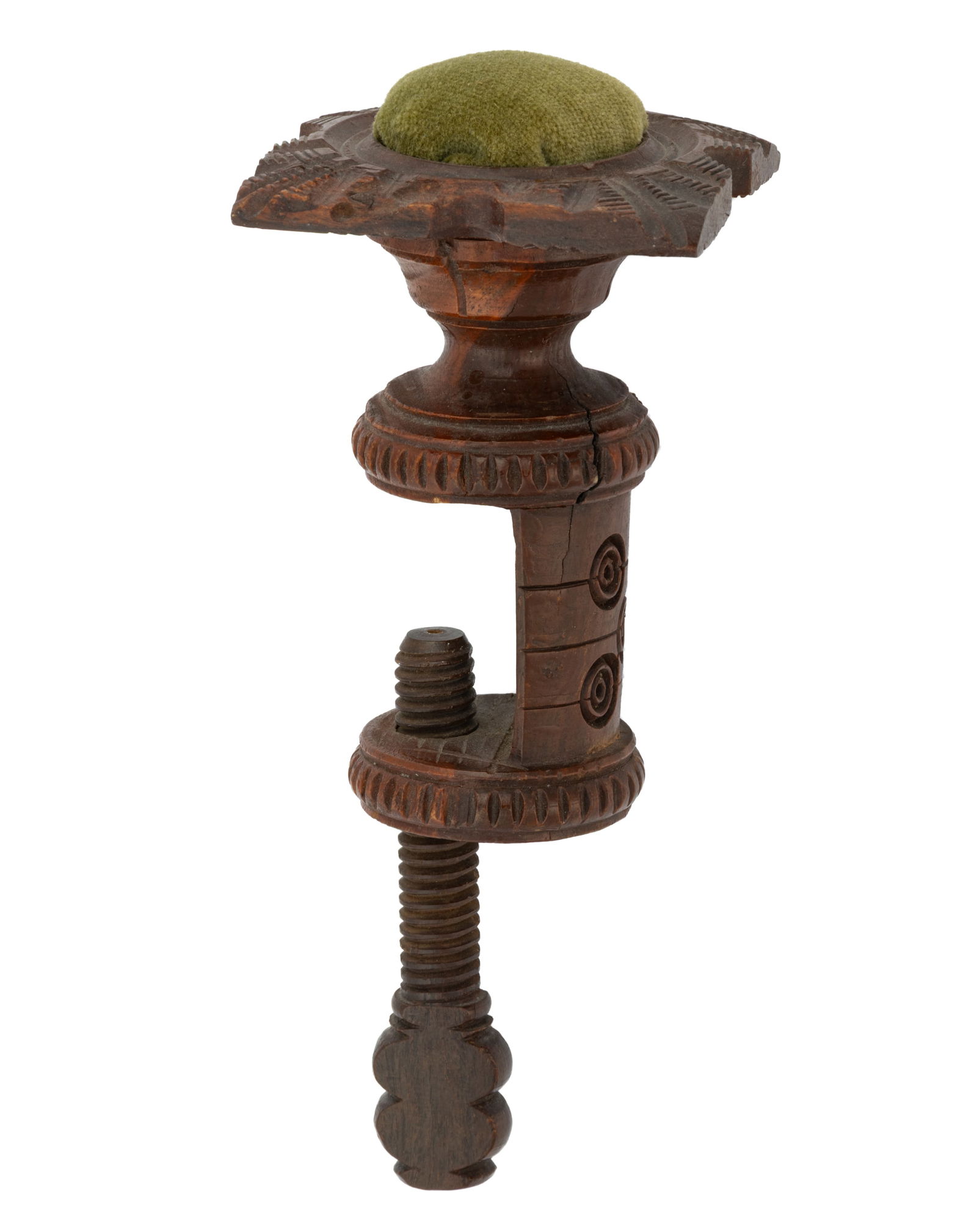 CARVED ROSEWOOD SEWING CLAMP WITH PINCUSHION (1 of 1)