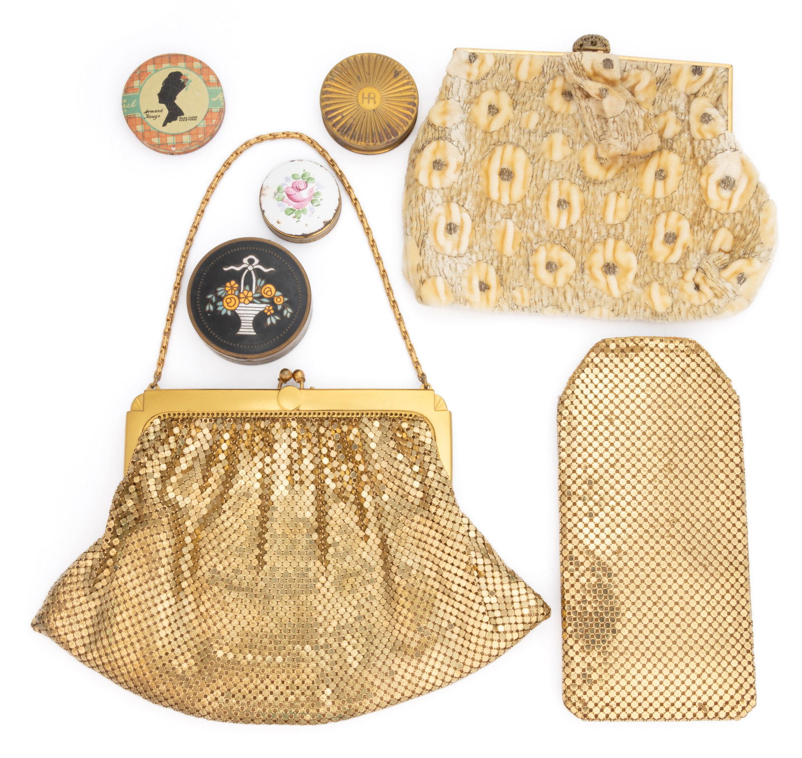 VINTAGE WHITING & DAVIS AND OTHER LADY'S PURSES, MAKEUP COMPACTS, AND ARTICLES, LOT OF SEVEN (1 of 1)