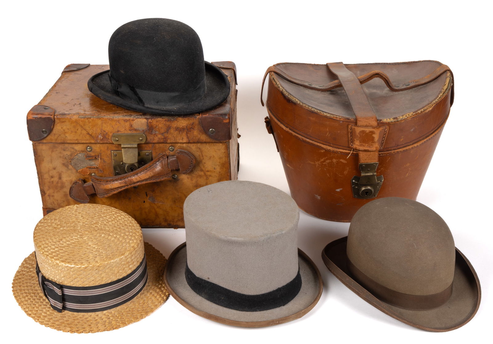 ANTIQUE BEAVER SKIN TOP HATS AND OTHER HATS, LOT OF SIX (1 of 4)