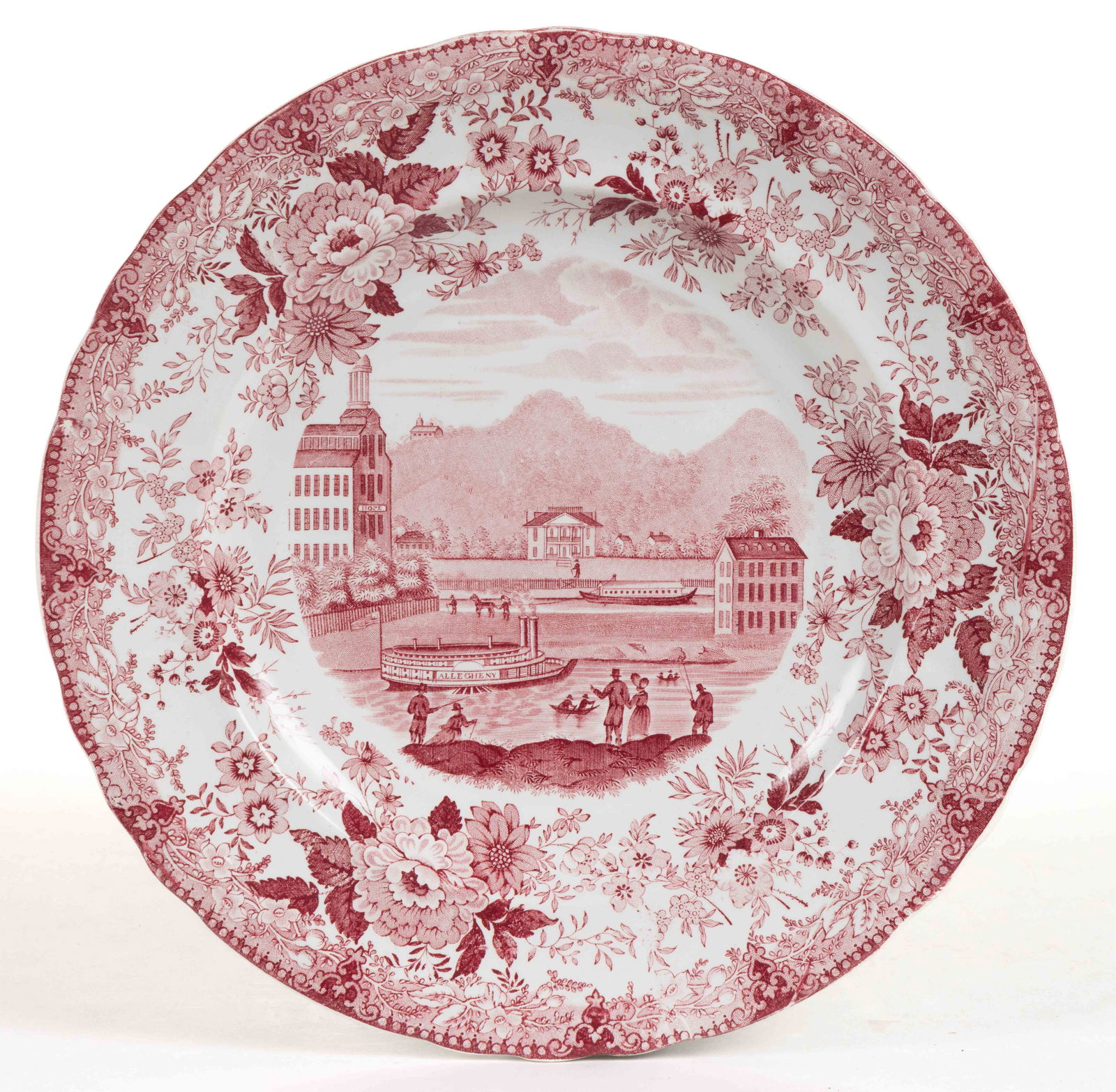 STAFFORDSHIRE AMERICAN / PITTSBURGH VIEW TRANSFER-PRINTED CERAMIC PLATE: STAFFORDSHIRE AMERICAN / PITTSBURGH VIEW TRANSFER-PRINTED CERAMIC PLATE, having pink/red transfer scene with floral border featuring "Allegheny / Scenery", as printed to back, depicting the