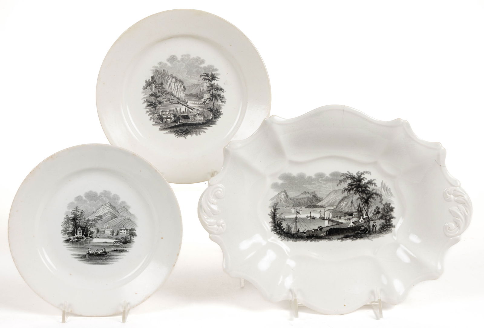 STAFFORDSHIRE AMERICAN VIEWS TRANSFER-PRINTED CERAMIC TABLE ARTICLES, LOT OF THREE (1 of 2)