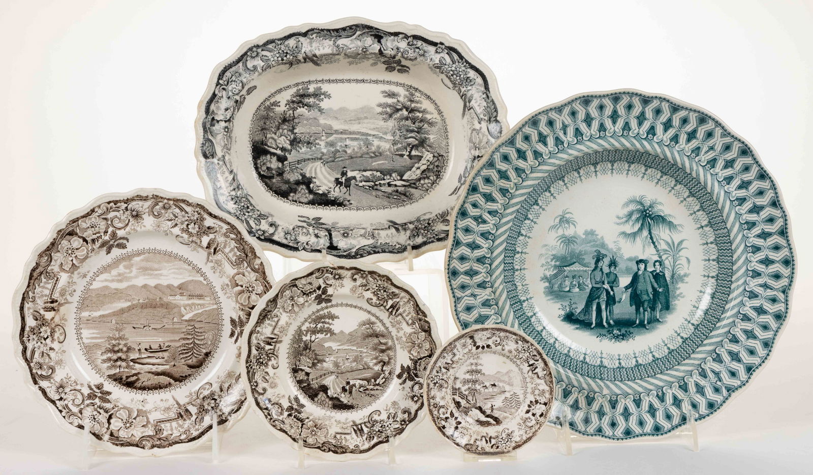 STAFFORDSHIRE AMERICAN VIEWS TRANSFER-PRINTED CERAMIC TABLE ARTICLES, LOT OF FIVE (1 of 3)