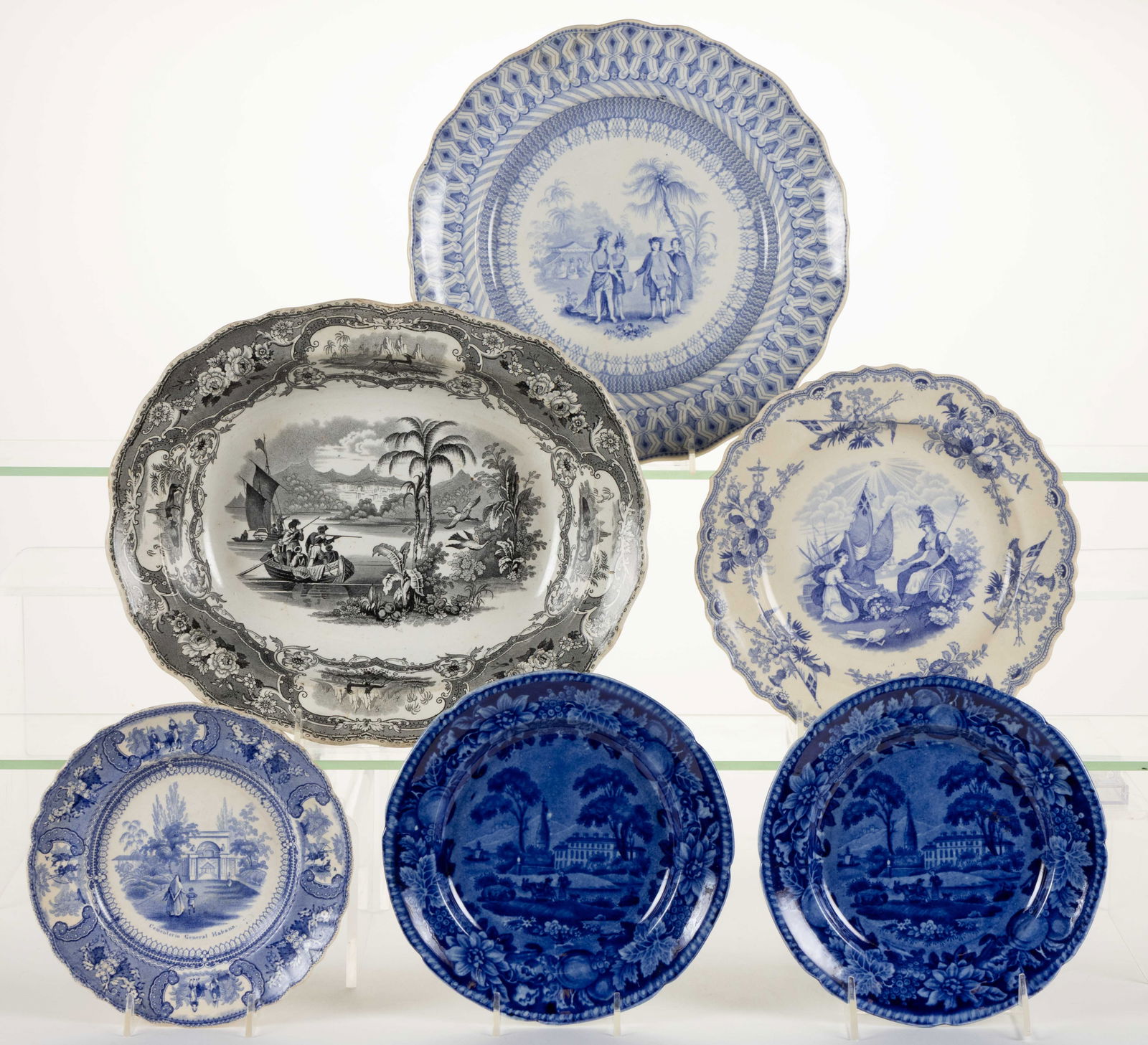 STAFFORDSHIRE TRANSFER-PRINTED CERAMIC FAMOUS FIGURES AND OTHER UNUSUAL MOTIFS TABLE ARTICLES, LOT (1 of 1)