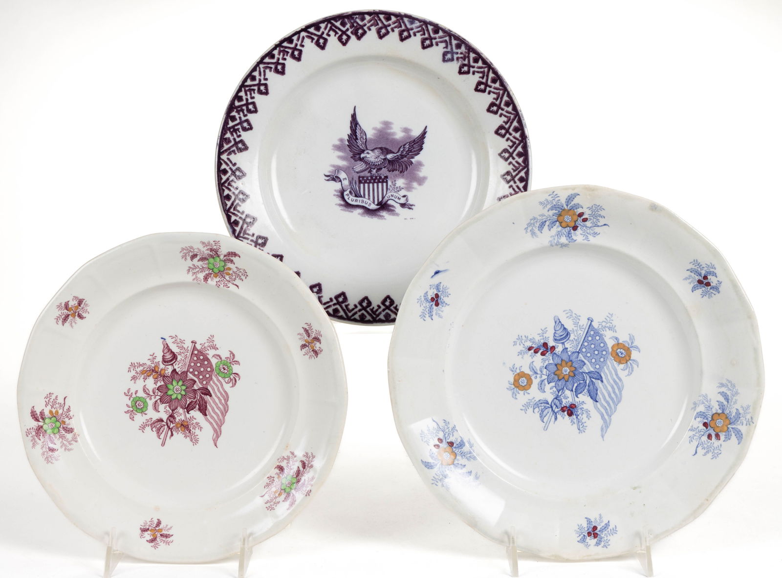 BRITISH AMERICAN HISTORICAL TRANSFER-PRINTED IRONSTONE PLATES, LOT OF THREE (1 of 2)