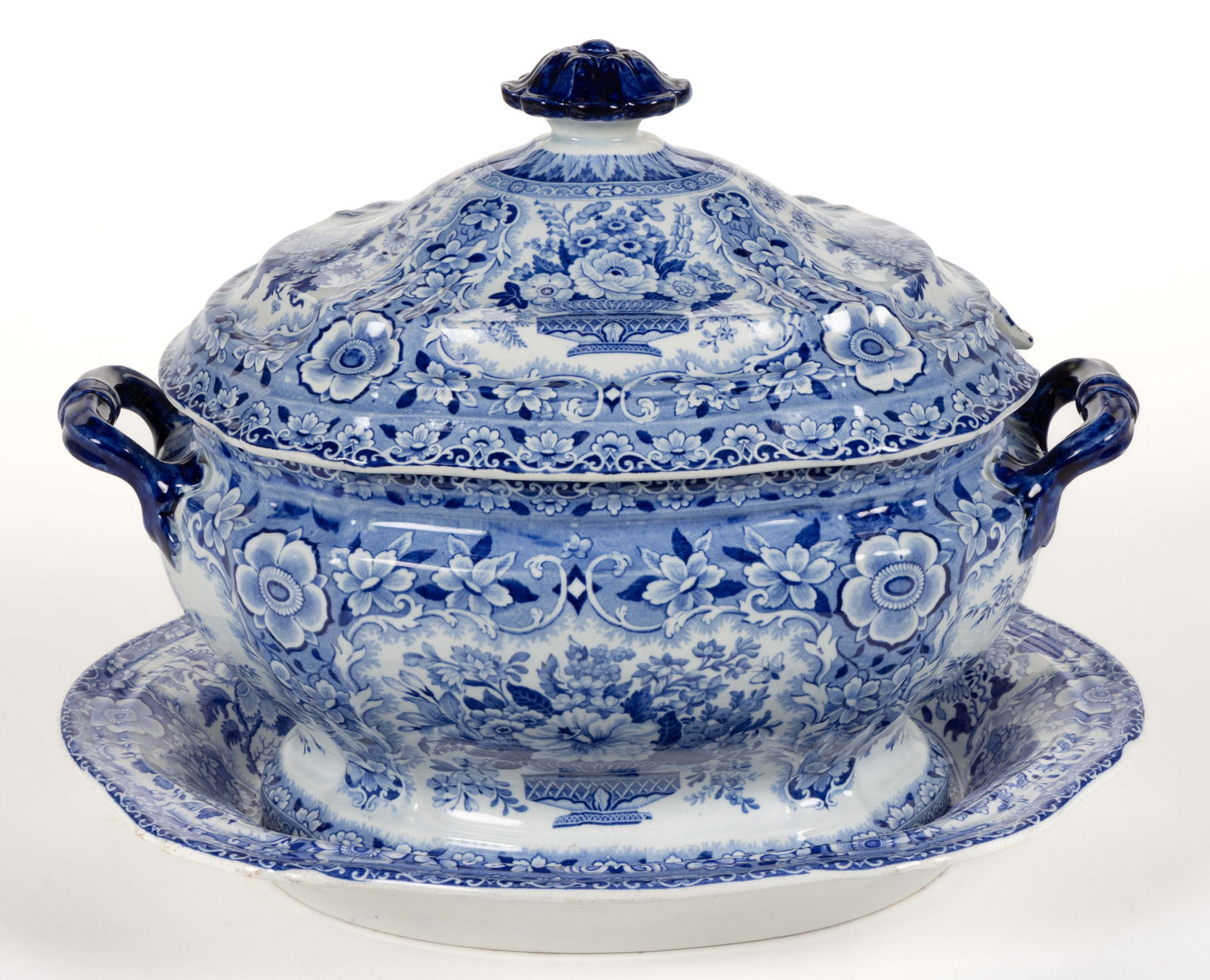 STAFFORDSHIRE BLUE TRANSFER-PRINTED FILIGREE / "NANKEEN" CERAMIC SOUP TUREEN AND UNDERTRAY (1 of 3)