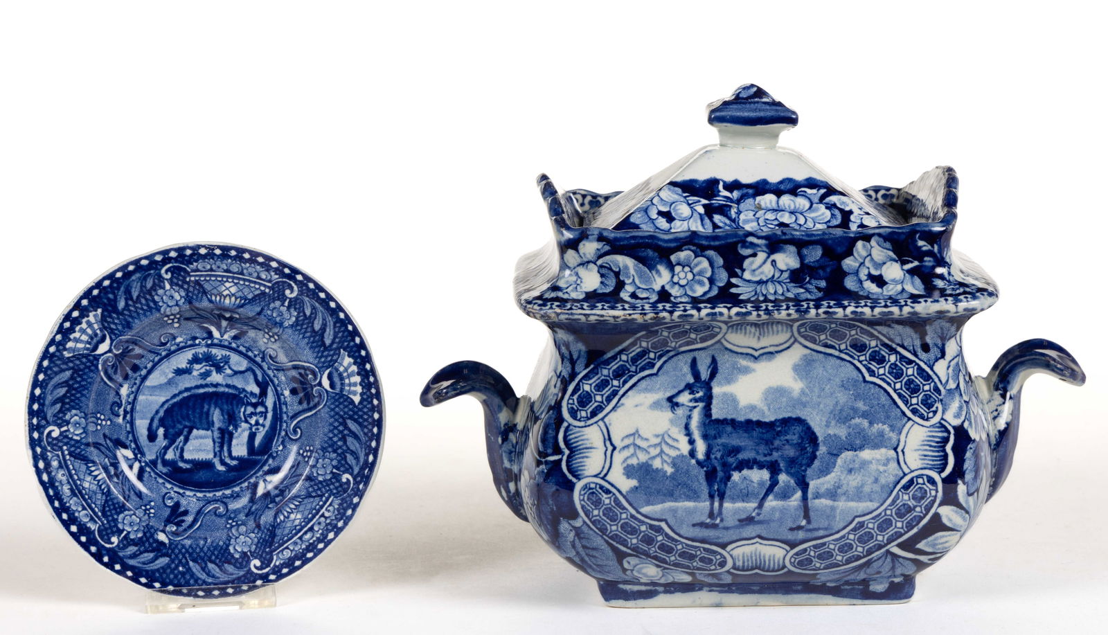 STAFFORDSHIRE BLUE TRANSFER-PRINTED ANIMAL MOTIF CERAMIC TEA ARTICLES, LOT OF TWO (1 of 2)