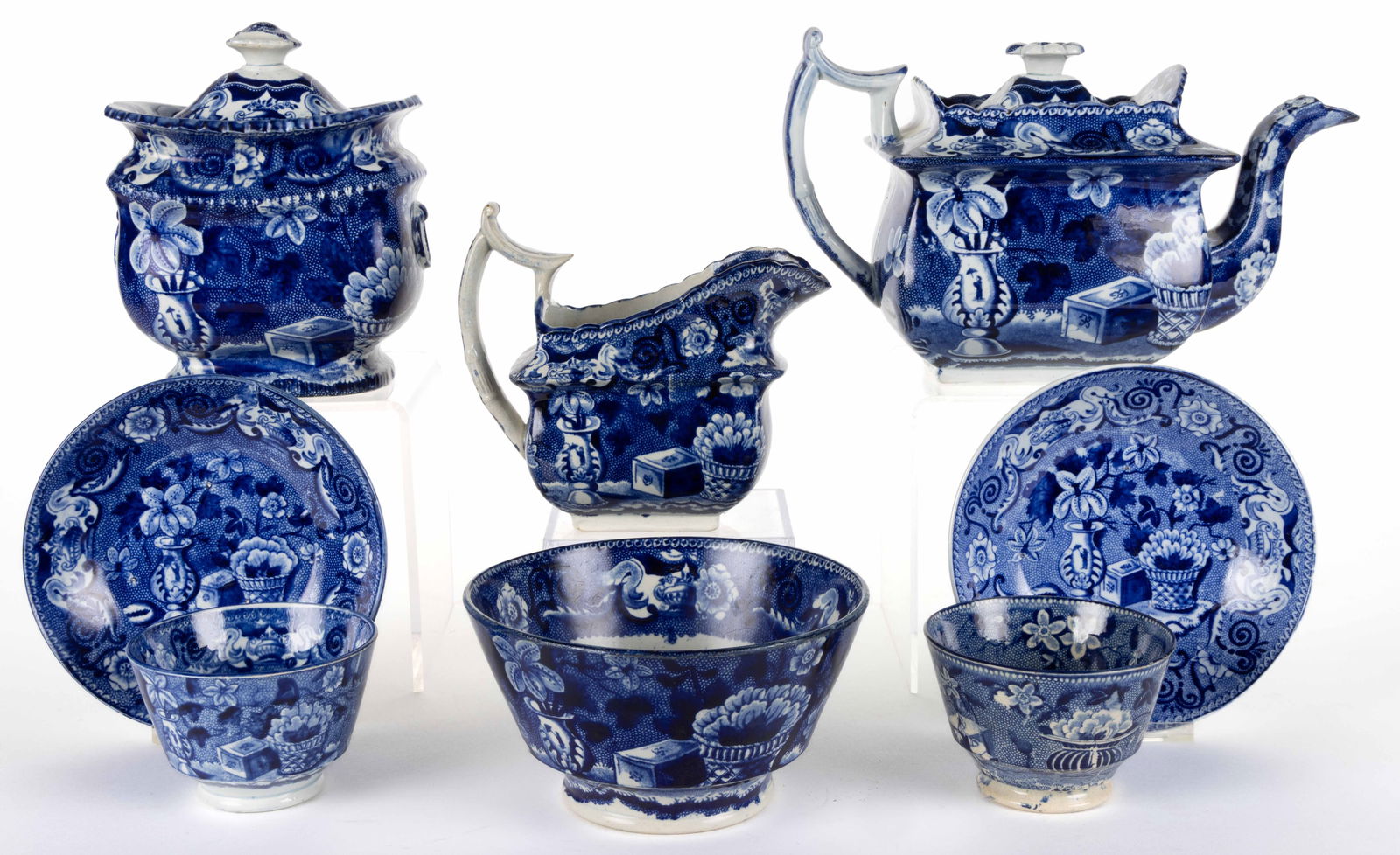 STAFFORDSHIRE BLUE TRANSFER-PRINTED CERAMIC CHINOISERIE MOTIF SIX-PIECE ASSEMBLE TEA SET (1 of 1)