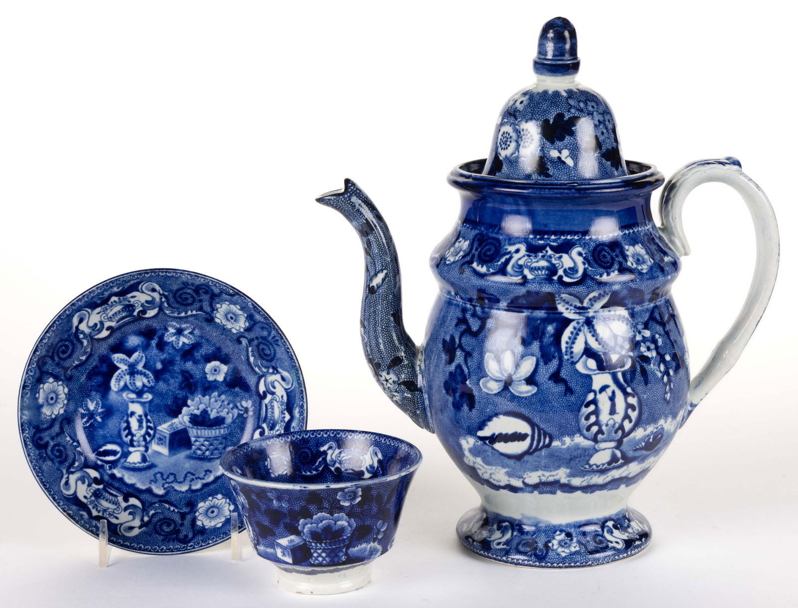 STAFFORDSHIRE BLUE TRANSFER-PRINTED CHINOISERIE MOTIF COFFEE ARTICLES, LOT OF TWO (1 of 3)