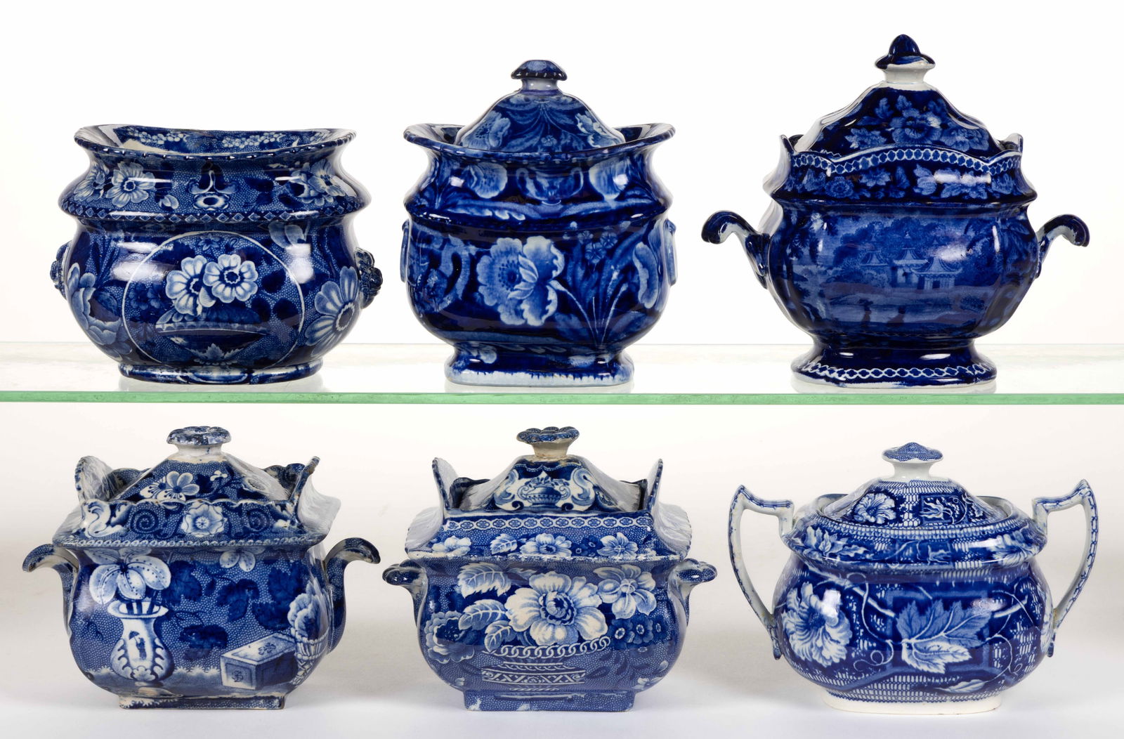 STAFFORDSHIRE BLUE TRANSFER-PRINTED CERAMIC SUGAR BOWLS, LOT OF SIX (1 of 1)