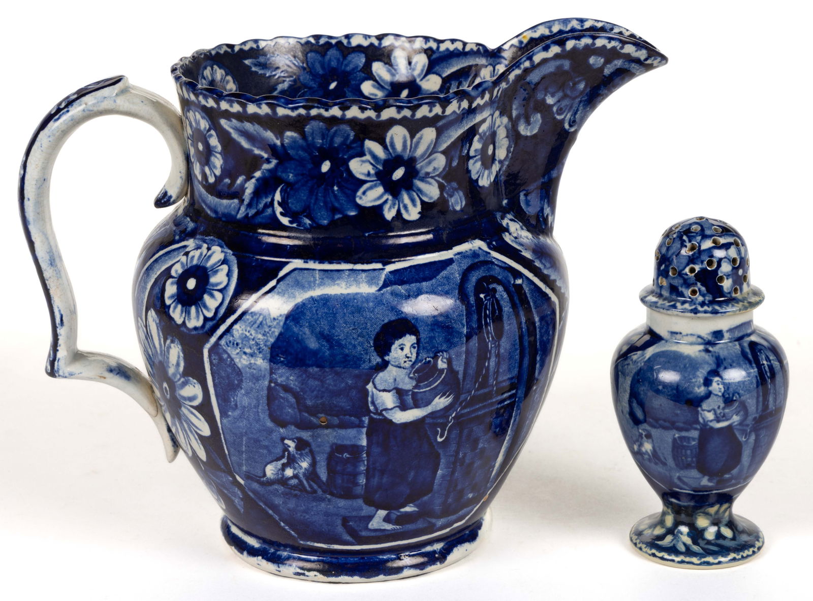 STAFFORDSHIRE BLUE TRANSFER-PRINTED "WATER GIRL" CERAMIC ARTICLES, LOT OF TWO (1 of 2)