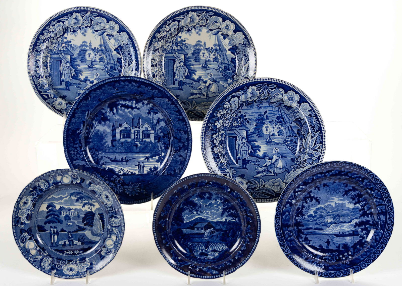 STAFFORDSHIRE BRITISH AND OTHER VIEWS TRANSFER-PRINTED CERAMIC PLATES, LOT OF SEVEN: STAFFORDSHIRE BRITISH AND OTHER VIEWS TRANSFER-PRINTED CERAMIC PLATES, LOT OF SEVEN, each having dark blue transfer scenes, including Residence of General Sir Herbert Taylor, Regents Park, "BRITI
