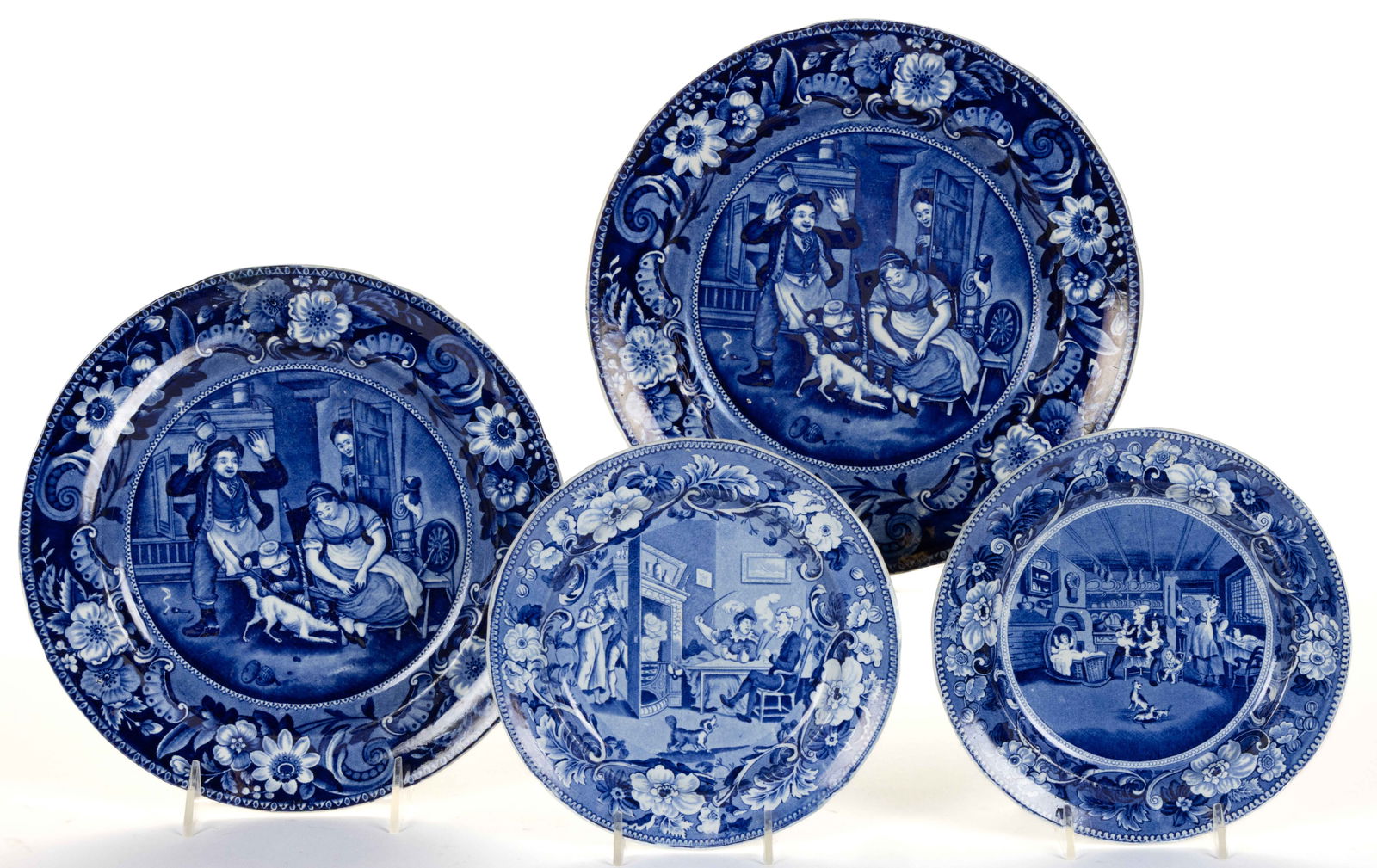 STAFFORDSHIRE BLUE TRANSFER-PRINTED CERAMIC HUMOROUS MOTIF PLATES, LOT OF FOUR (1 of 1)