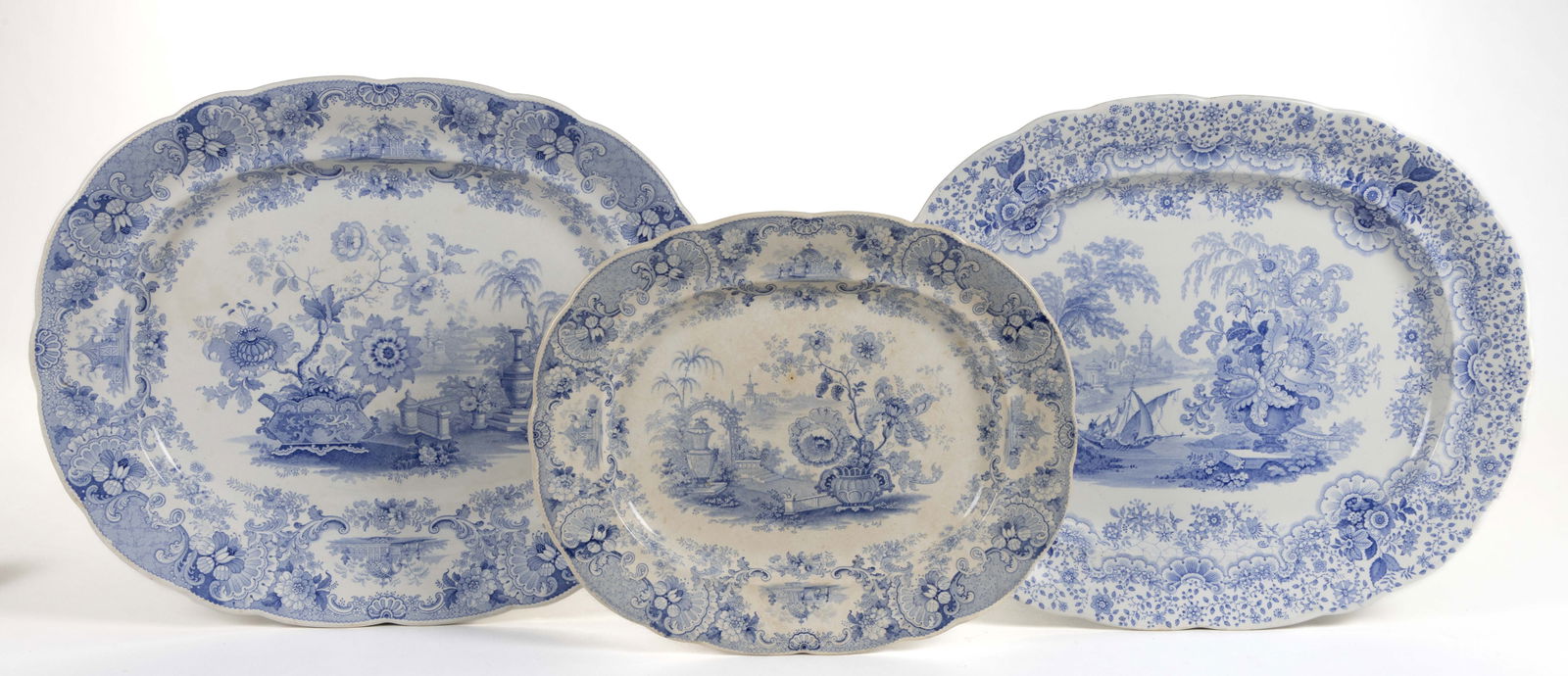STAFFORDSHIRE BLUE TRANSFER-PRINTED FLORAL MOTIF PLATTERS, LOT OF THREE (1 of 7)