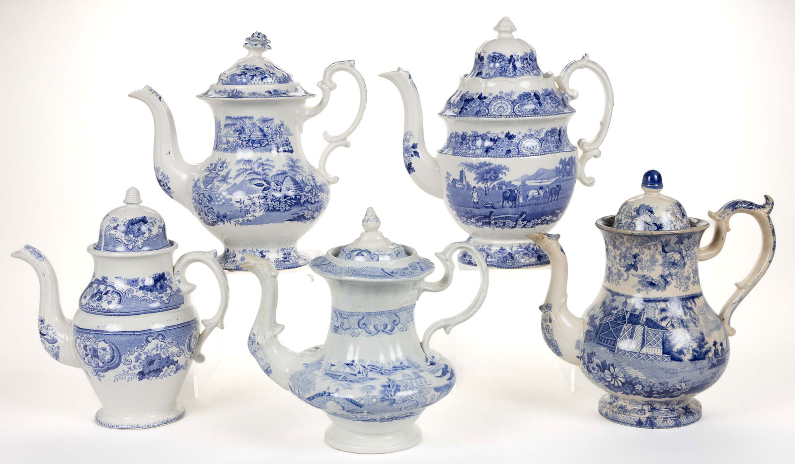 STAFFORDSHIRE BLUE TRANSFER-PRINTED CERAMIC COFFEE POTS, LOT OF FIVE (1 of 2)