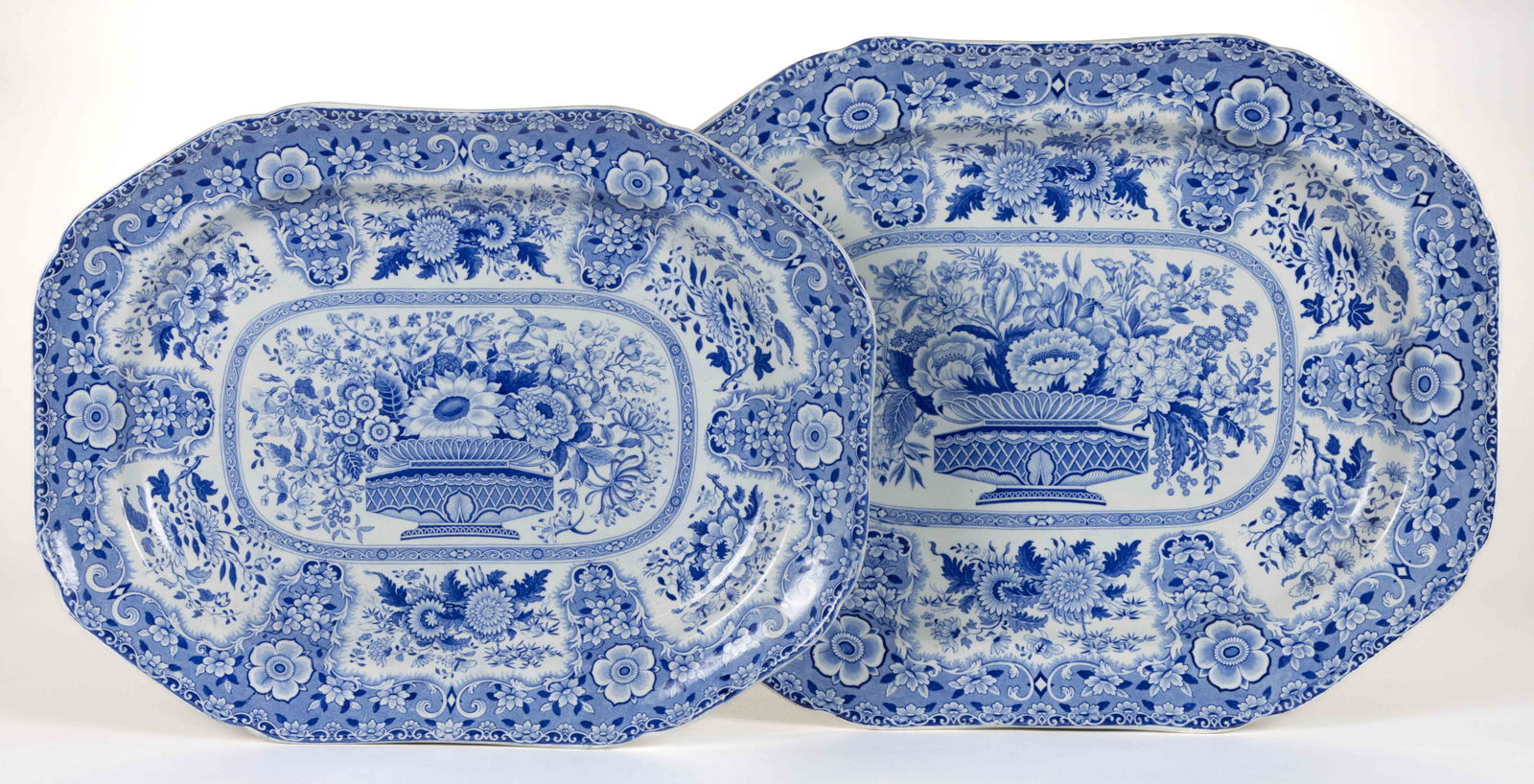 STAFFORDSHIRE BLUE TRANSFER-PRINTED FILIGREE / "NANKEEN" CERAMIC PLATTERS, LOT OF TWO (1 of 5)