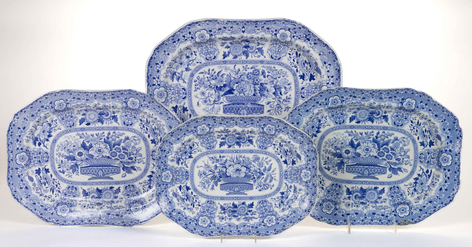 STAFFORDSHIRE BLUE TRANSFER-PRINTED FILIGREE / "NANKEEN" CERAMIC PLATTERS, LOT OF FOUR (1 of 2)