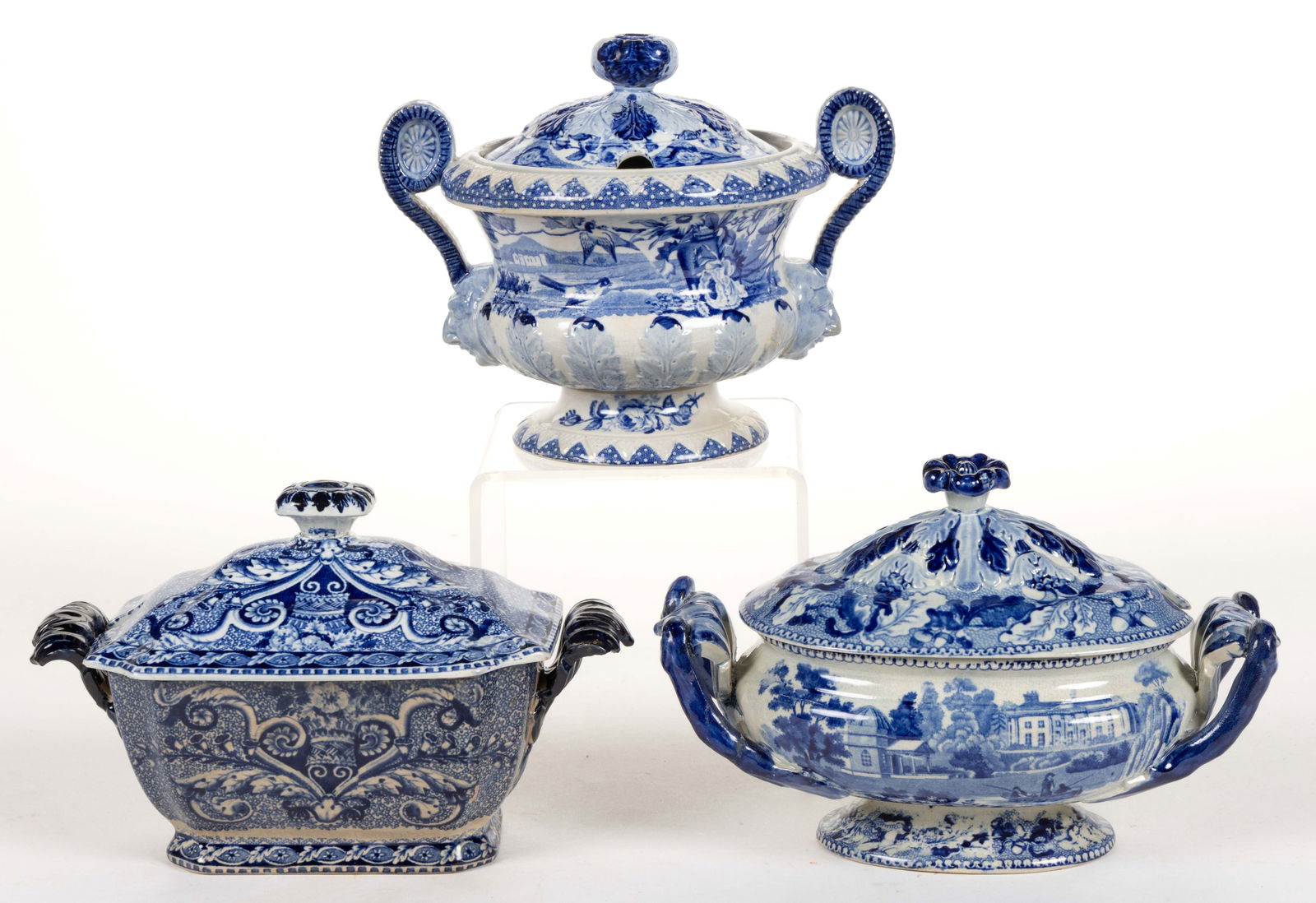 STAFFORDSHIRE BLUE TRANSFER-PRINTED CERAMIC SAUCE TUREENS, LOT OF THREE (1 of 2)