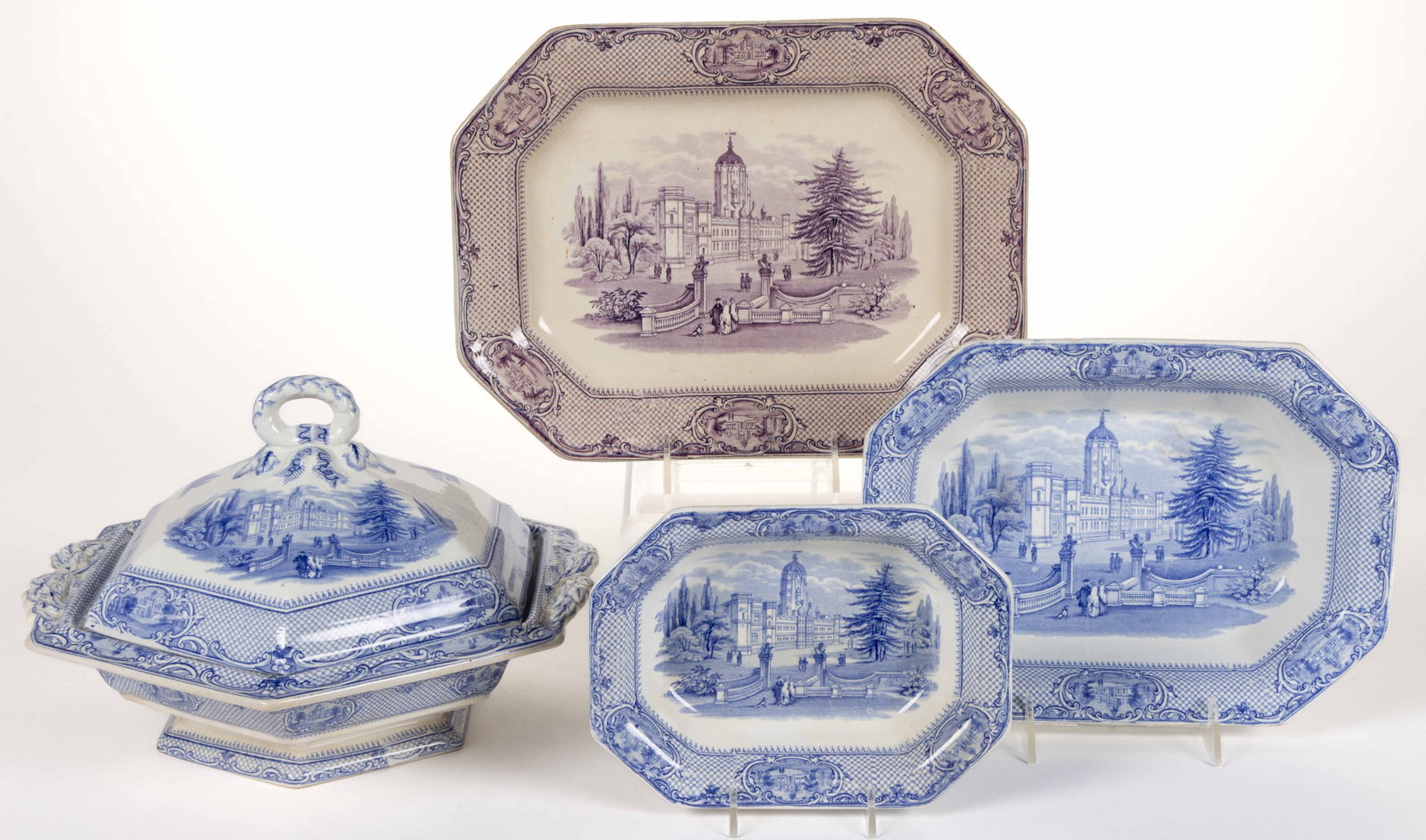 STAFFORDSHIRE BLUE TRANSFER-PRINTED CERAMIC "UNIVERSITY" TABLE ARTICLES, LOT OF FOUR (1 of 1)