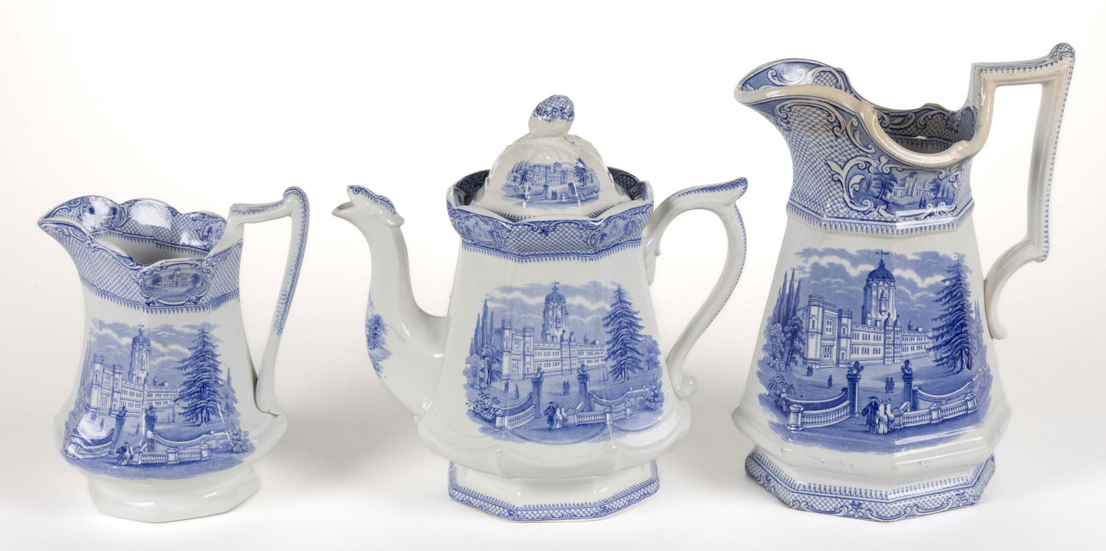 STAFFORDSHIRE TRANSFER-PRINTED CERAMIC "UNIVERSITY" MOTIF DRINKING ARTICLES, LOT OF THREE (1 of 2)