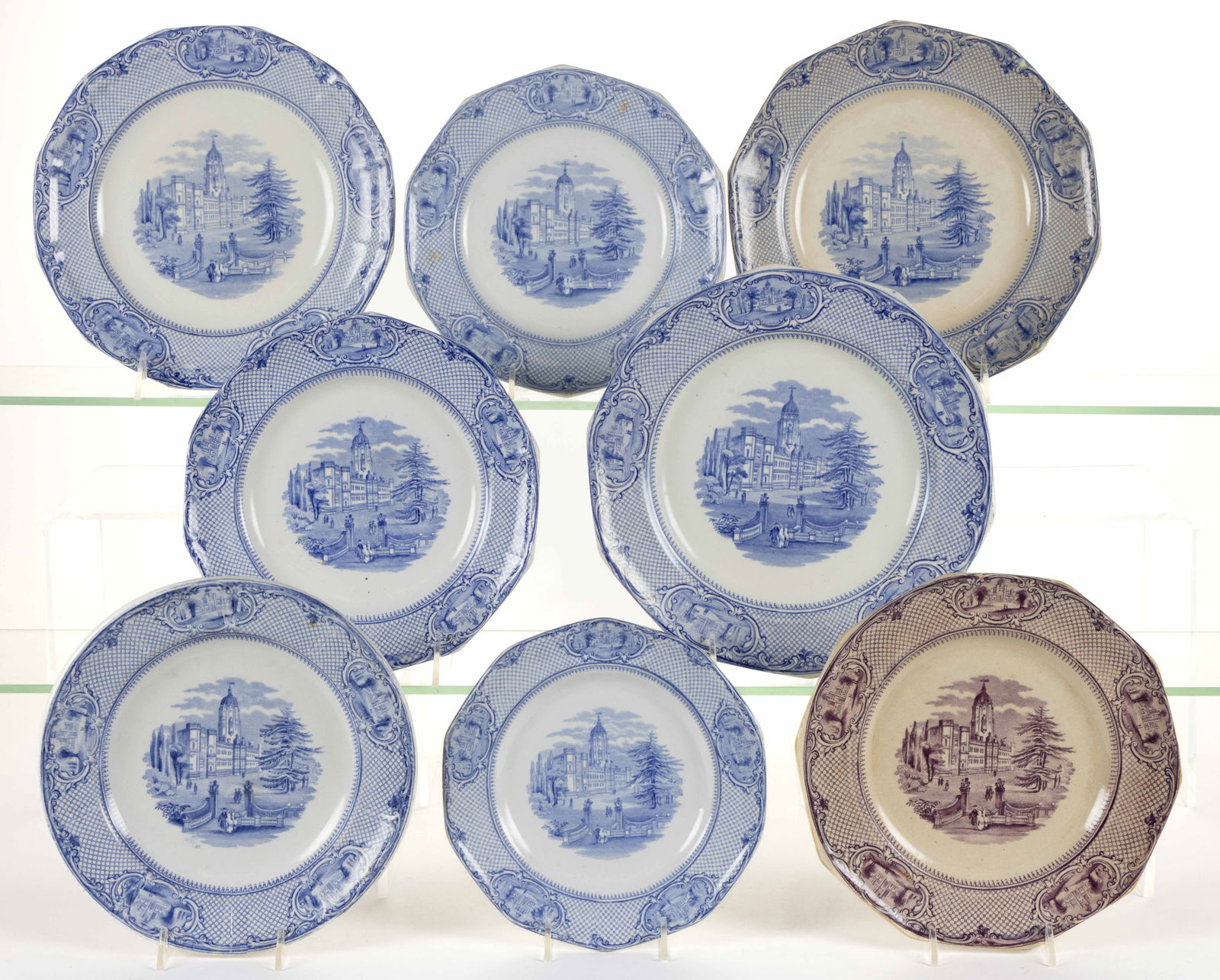 STAFFORDSHIRE TRANSFER-PRINTED CERAMIC "UNIVERSITY" PLATES, LOT OF EIGHT (1 of 1)