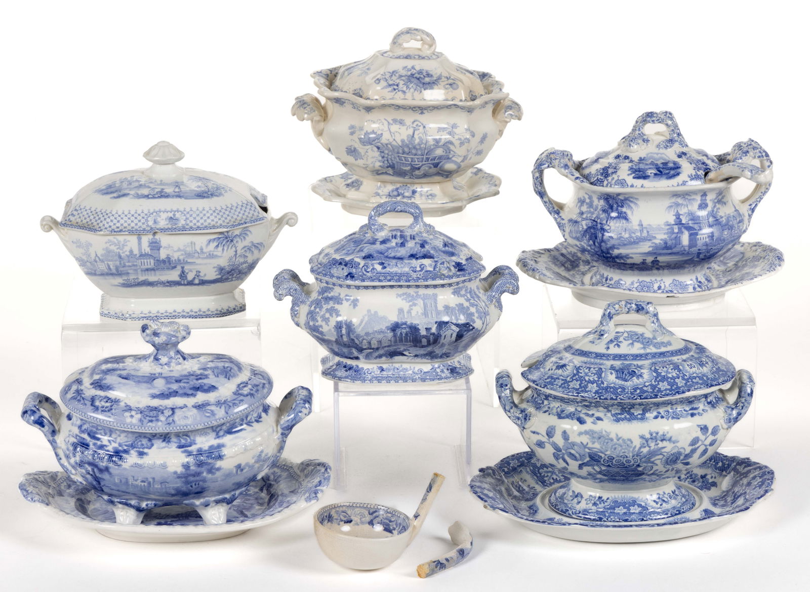 STAFFORDSHIRE BLUE TRANSFER-PRINTED CERAMIC SAUCE TUREENS, LOT OF TEN (1 of 1)