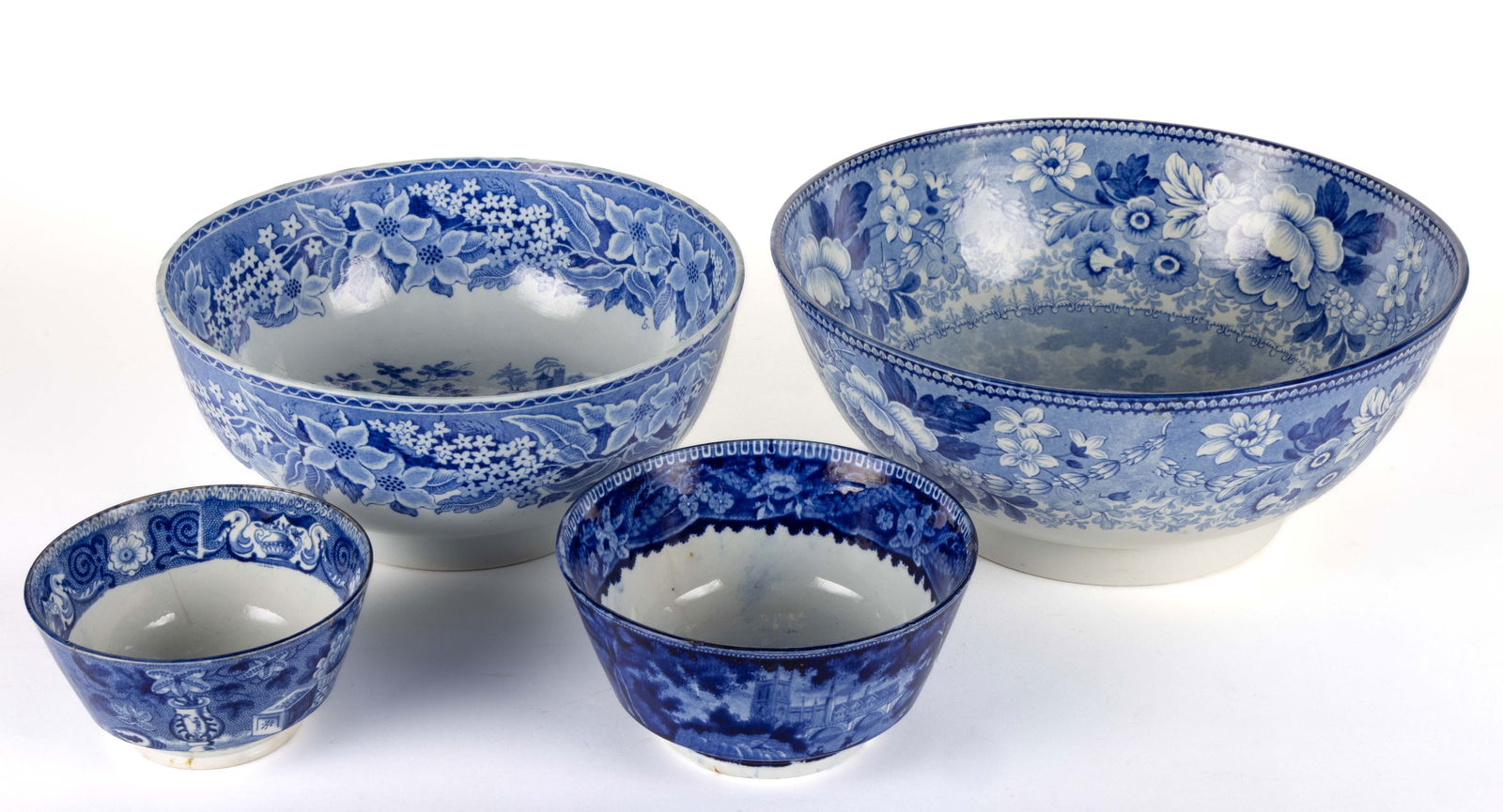 ENGLISH BLUE TRANSFER-PRINTED CERAMIC BOWLS, LOT OF FOUR (1 of 2)