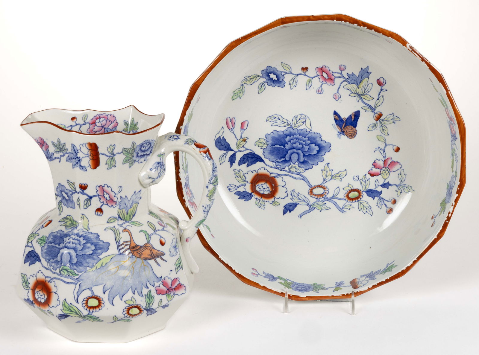 ENGLISH MASON'S GRASSHOPPER MOTIF IRONSTONE WASH PITCHER AND BASIN (1 of 2)