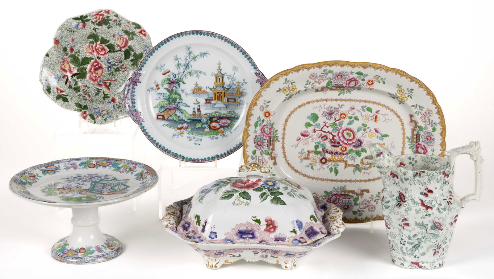 STAFFORDSHIRE TRANSFER-PRINTED CERAMIC TABLE ARTICLES, LOT OF SIX (1 of 1)