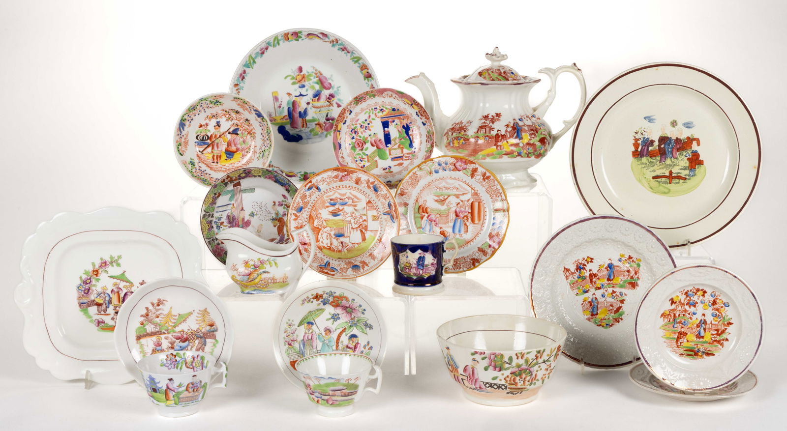 STAFFORDSHIRE TRANSFER-PRINTED CERAMIC CHINOISERIE MOTIF TEA AND TABLE ARTICLES, LOT OF 19 (1 of 1)