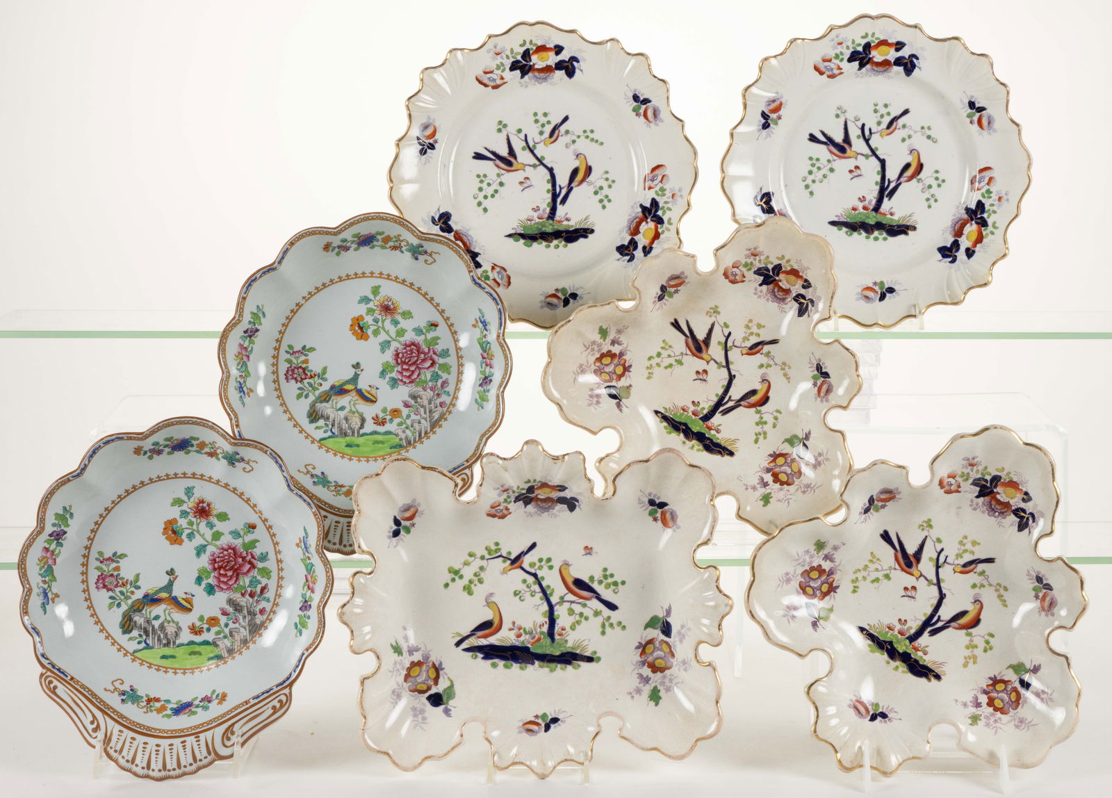 STAFFORDSHIRE TRANSFER-PRINTED CERAMIC BIRD MOTIF TABLE ARTICLES, LOT OF SEVEN (1 of 1)