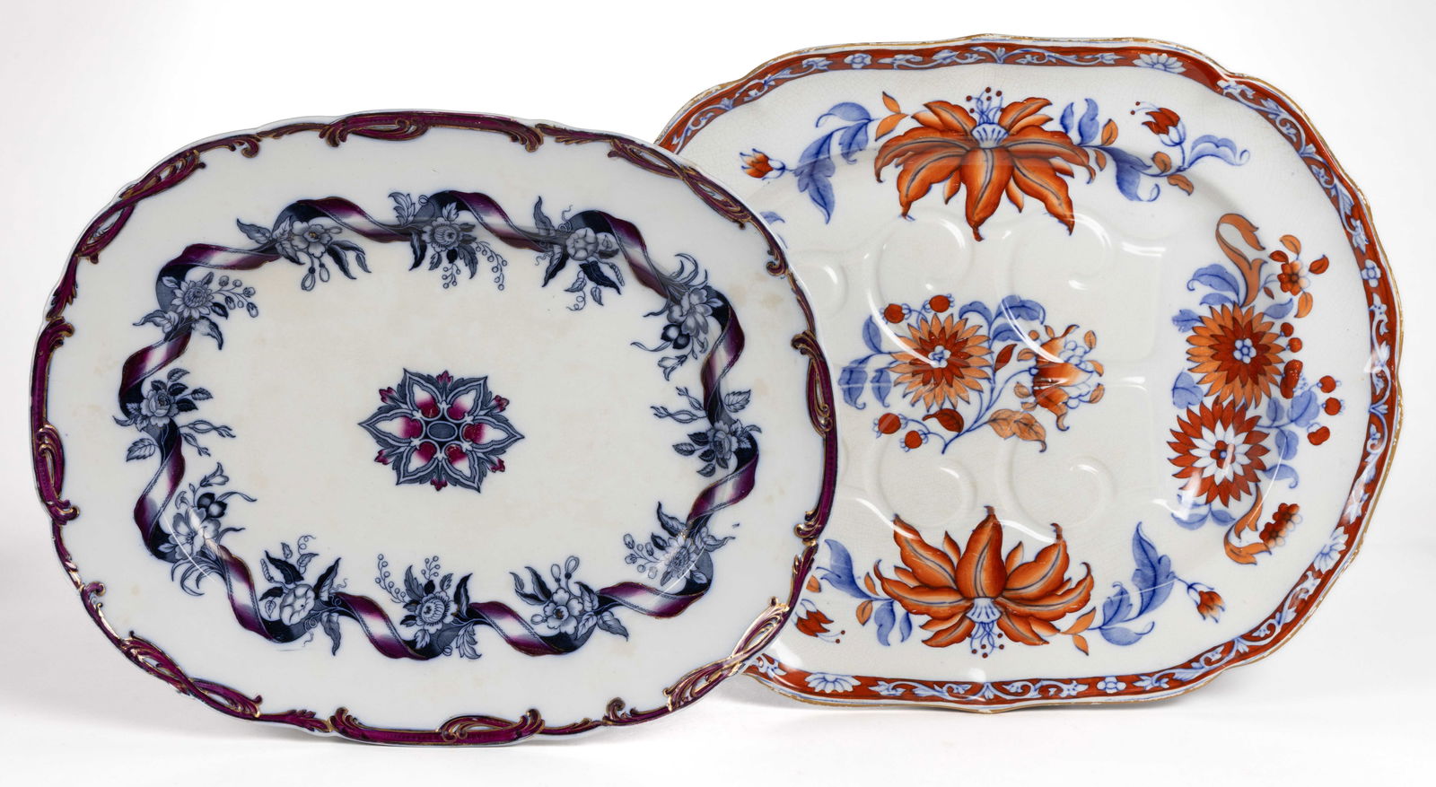 STAFFORDSHIRE TRANSFER-PRINTED FLORAL MOTIF IRONSTONE PLATTERS, LOT OF TWO (1 of 5)