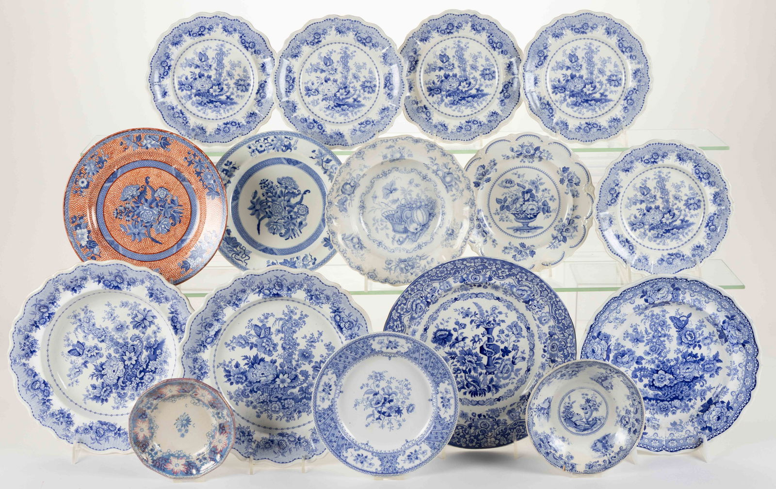 STAFFORDSHIRE BLUE TRANSFER-PRINTED CERAMIC FLORAL MOTIF PLATES AND OTHER SIMILAR ARTICLES, LOT OF (1 of 1)