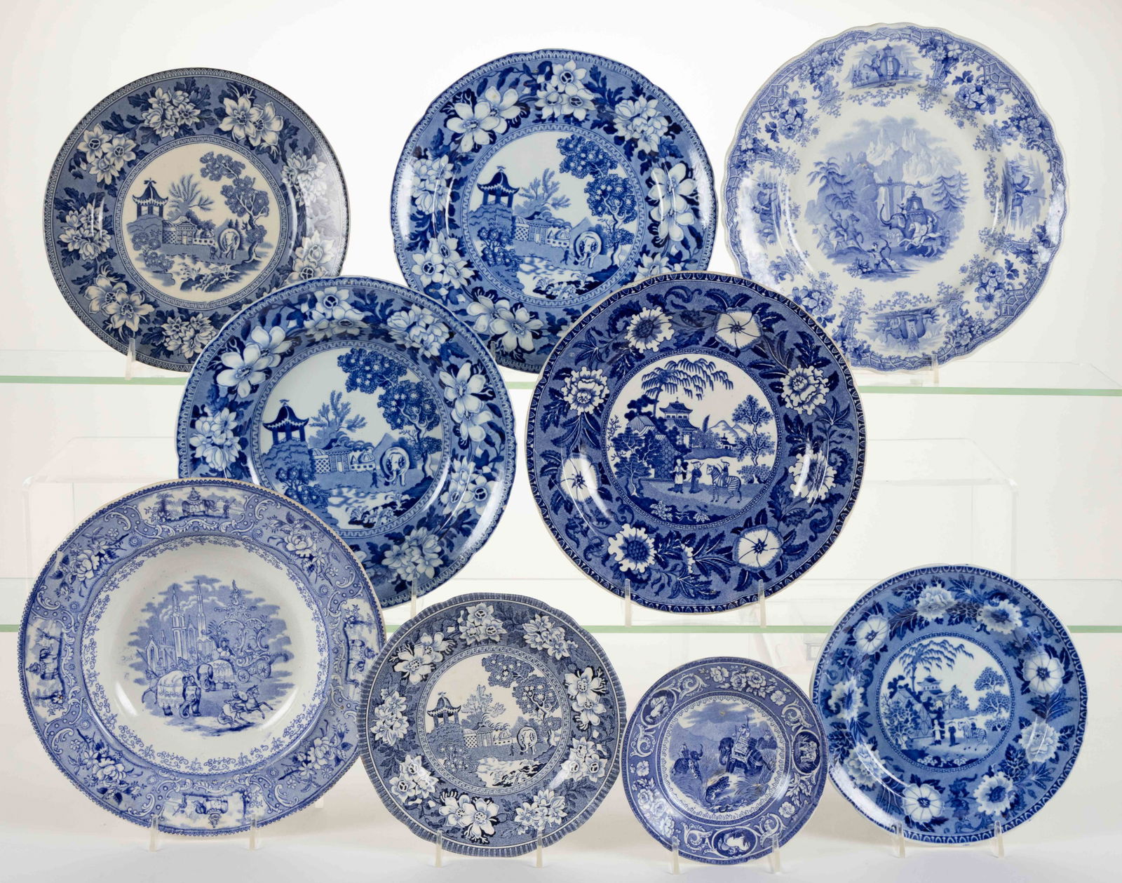BRITISH / STAFFORDSHIRE BLUE TRANSFER-PRINTED CERAMIC CHINOISERIE / ASIAN ANIMAL MOTIF PLATES, LOT (1 of 1)