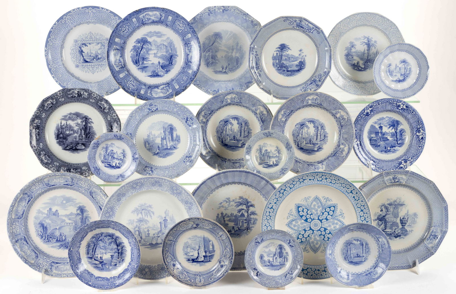 STAFFORDSHIRE BLUE TRANSFER-PRINTED CERAMIC ROMANTIC MOTIF ARTICLES, LOT OF 22 (1 of 1)