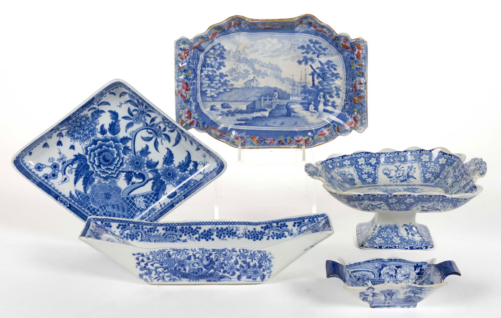 STAFFORDSHIRE BLUE TRANSFER-PRINTED CERAMIC TABLE ARTICLES, LOT OF FIVE (1 of 3)