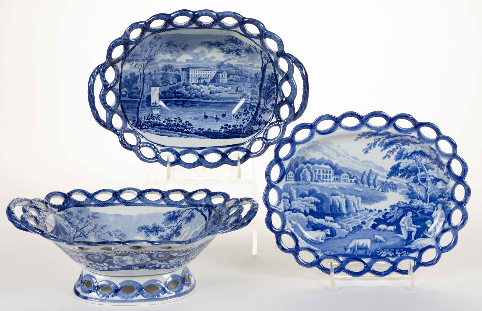 STAFFORDSHIRE BLUE TRANSFER-PRINTED BRITISH VIEW RETICULATED CERAMIC ARTICLES, LOT OF THREE (1 of 2)