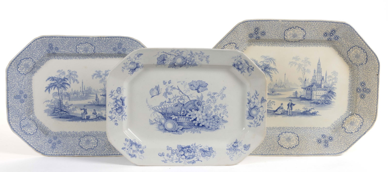 STAFFORDSHIRE BLUE TRANSFER-PRINTED CERAMIC PLATTERS, LOT OF THREE (1 of 7)