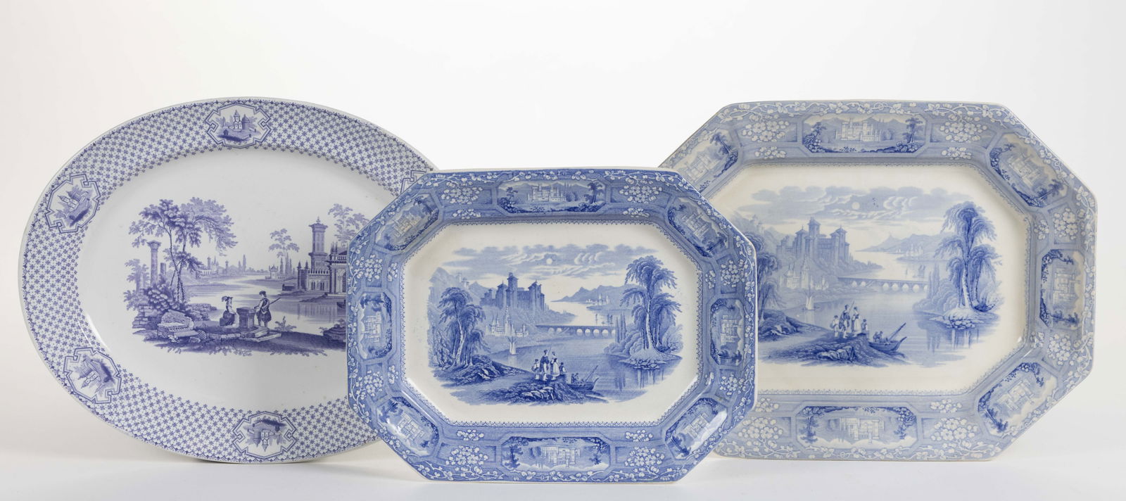 STAFFORDSHIRE BLUE TRANSFER-PRINTED ROMANTIC MOTIF CERAMIC PLATTERS, LOT OF THREE (1 of 7)