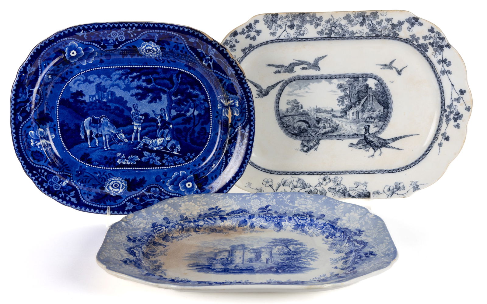 STAFFORDSHIRE BLUE TRANSFER-PRINTED CERAMIC PLATTERS, LOT OF THREE (1 of 7)