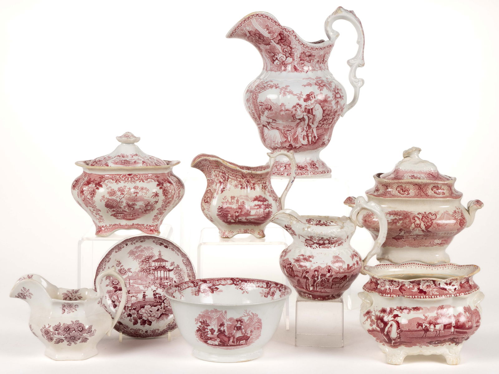 STAFFORDSHIRE TRANSFER-PRINTED CERAMIC TEA / TABLE ARTICLES, LOT OF NINE (1 of 1)