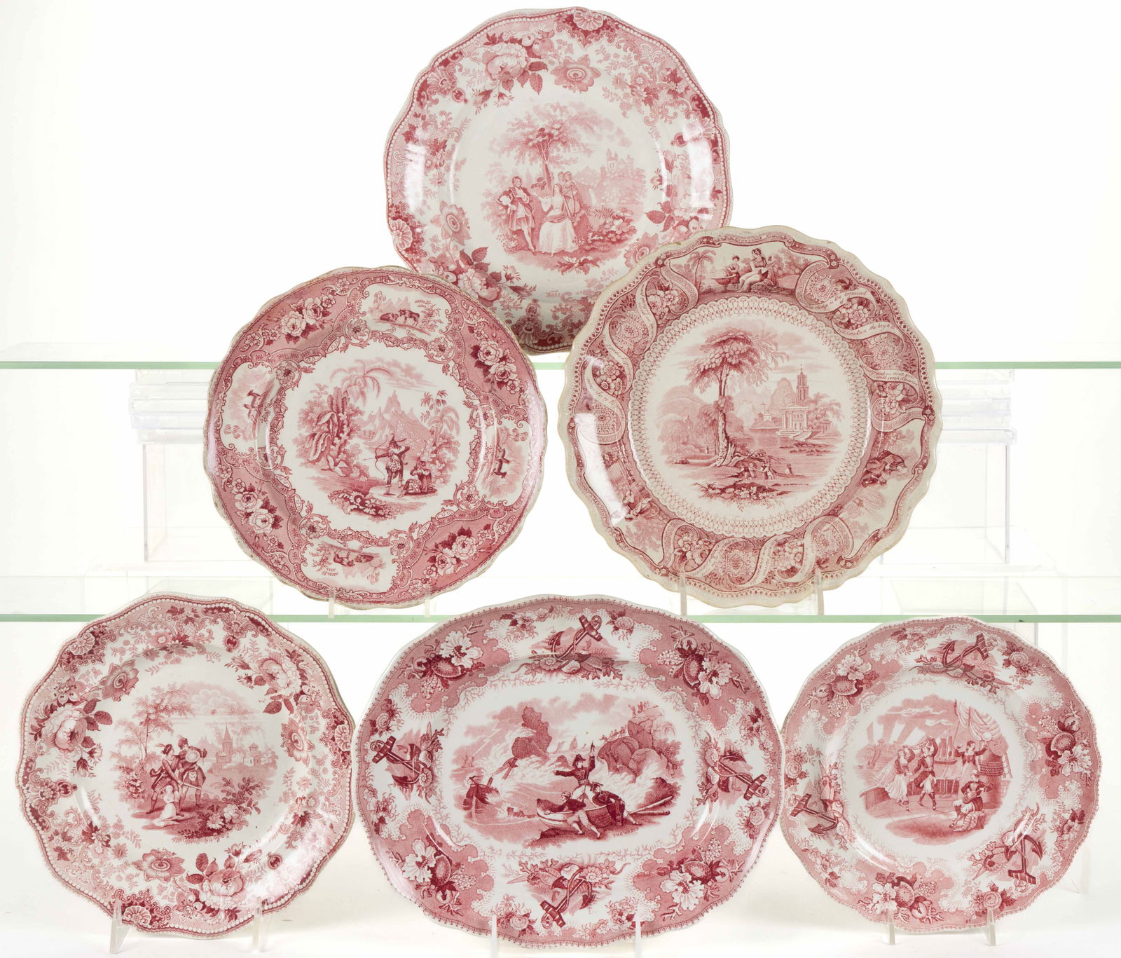 STAFFORDSHIRE TRANSFER-PRINTED ACTIVITIES / PEOPLE MOTIF CERAMIC TABLE ARTICLES, LOT OF SIX (1 of 1)