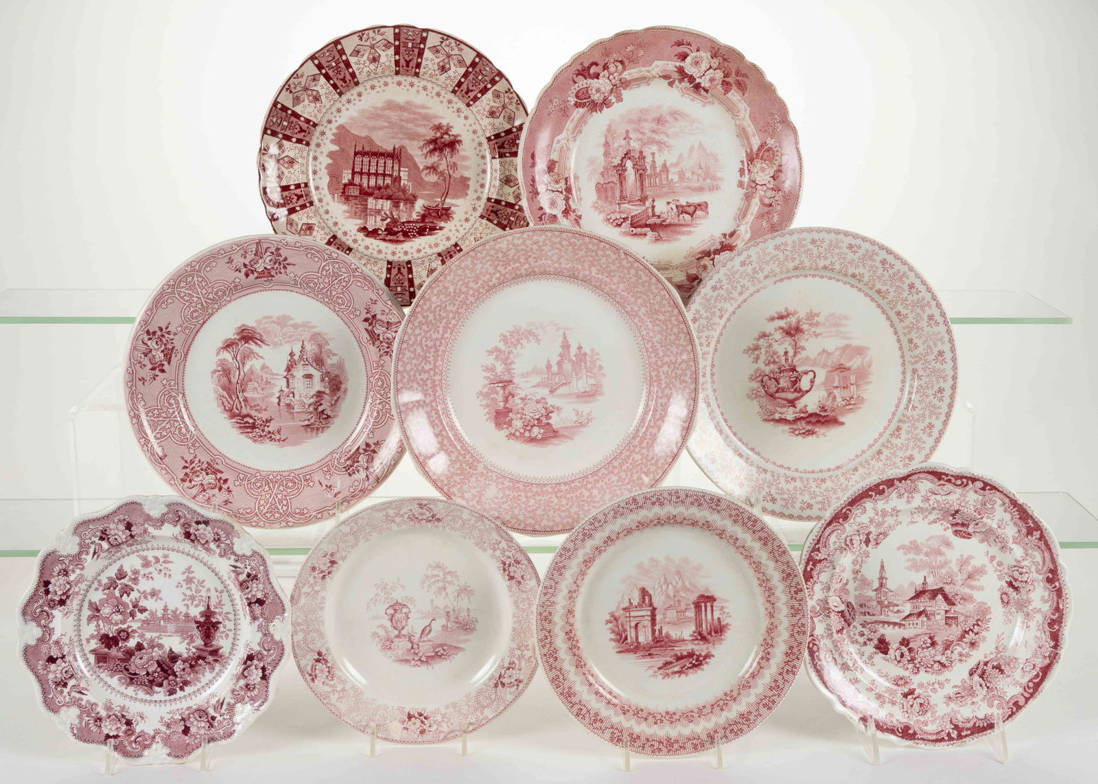 STAFFORDSHIRE TRANSFER-PRINTED CLASSICAL / ROMANTIC LANDSCAPE MOTIF CERAMIC PLATES, LOT OF NINE (1 of 1)