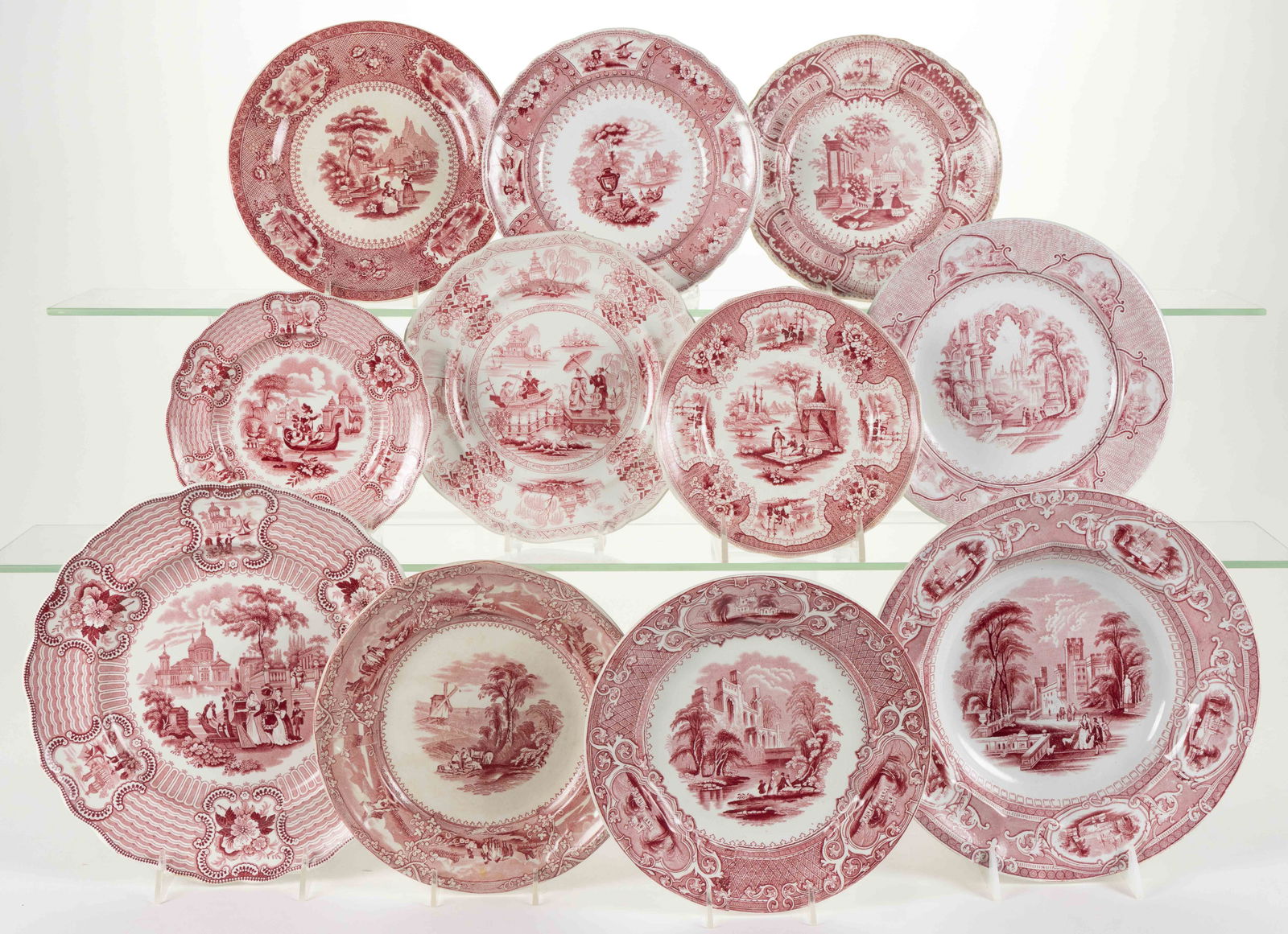 STAFFORDSHIRE TRANSFER-PRINTED ROMANTIC LANDSCAPE MOTIF CERAMIC PLATES, LOT OF 11 (1 of 1)