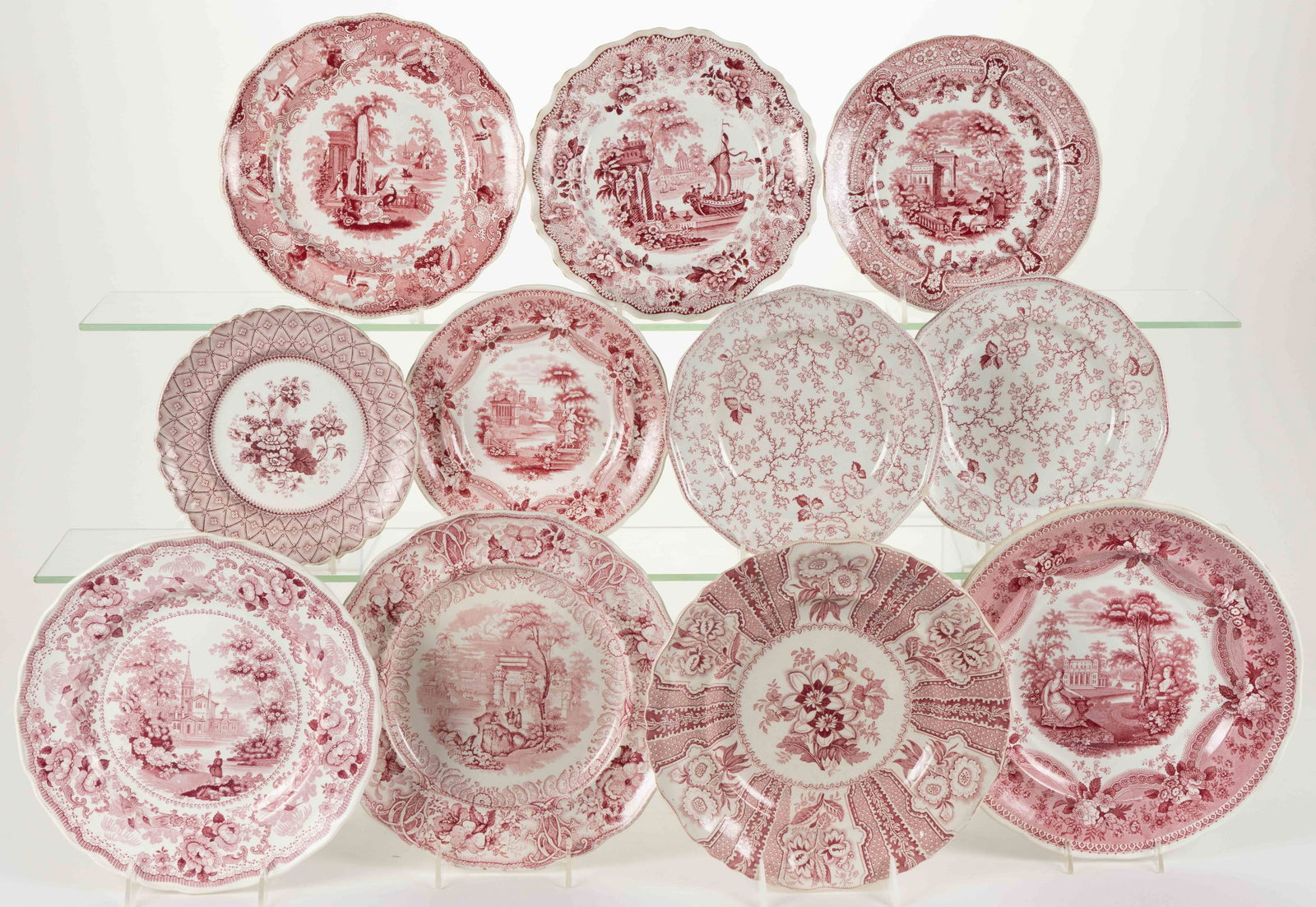 STAFFORDSHIRE TRANSFER-PRINTED FLORAL / ROMANTIC LANDSCAPE MOTIF CERAMIC PLATES, LOT OF 11 (1 of 1)