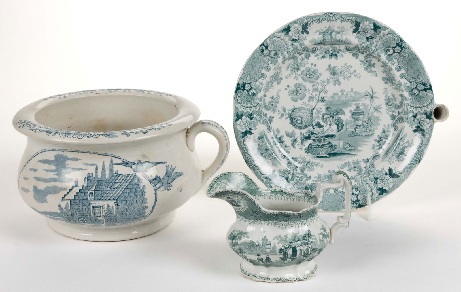 STAFFORDSHIRE TRANSFER-PRINTED CERAMIC ARTICLES, LOT OF THREE (1 of 2)