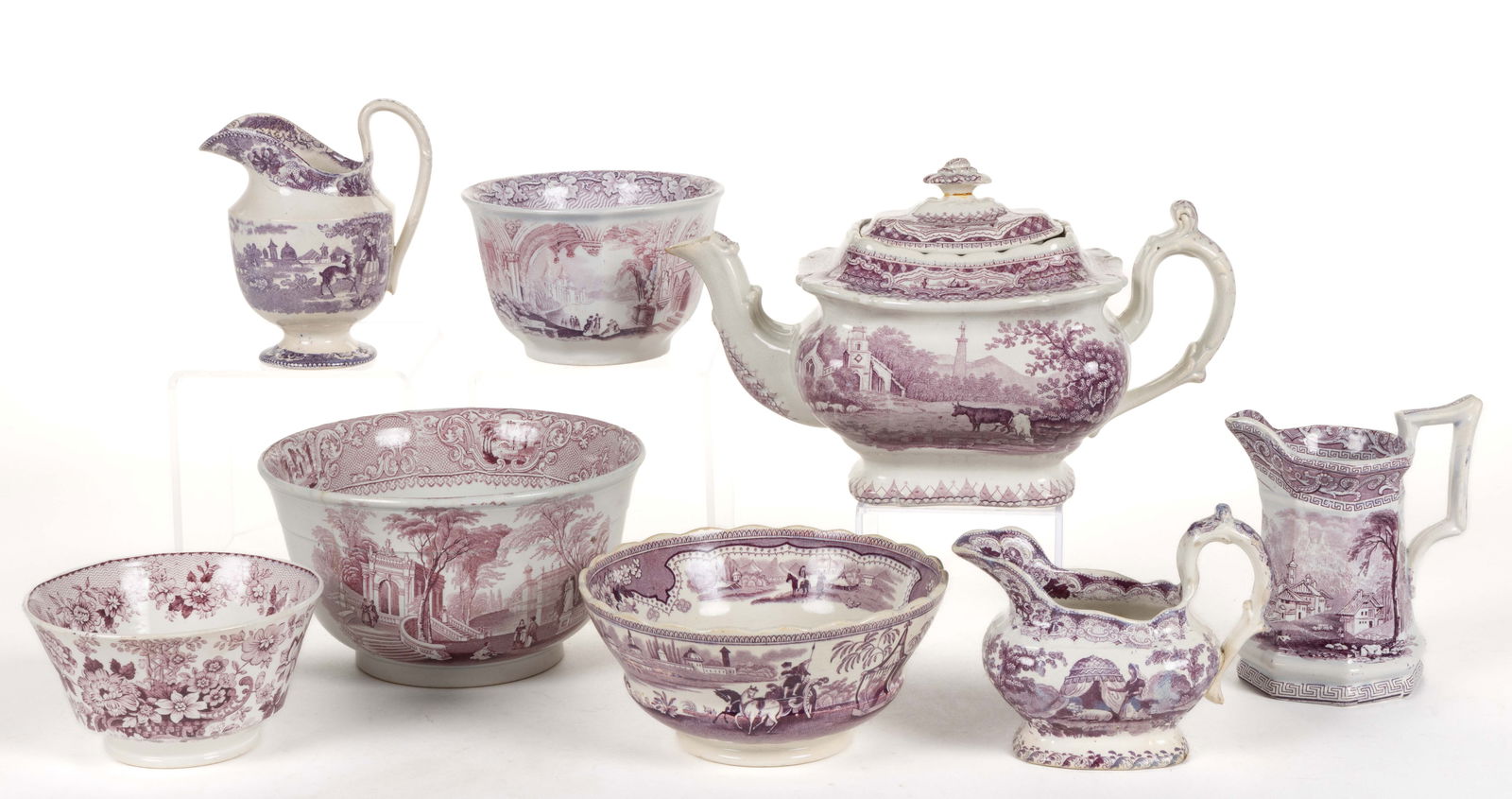 STAFFORDSHIRE TRANSFER-PRINTED CERAMIC ARTICLES, LOT OF EIGHT (1 of 1)